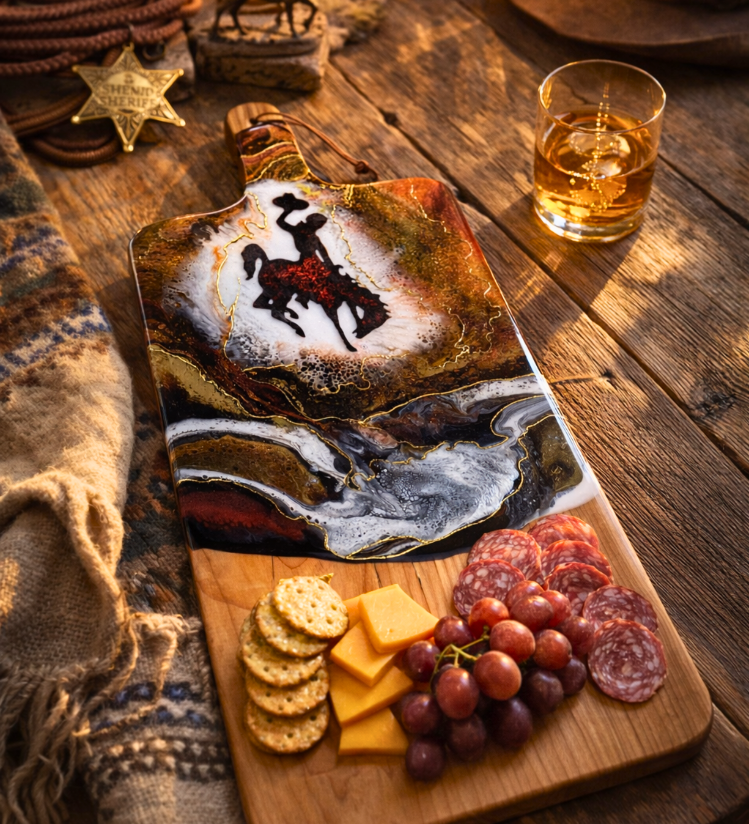 Handmade Wyoming Cowboy charcuterie board with resin art and 24K gold accents. A one-of-a-kind serving piece that doubles as Western wall art.