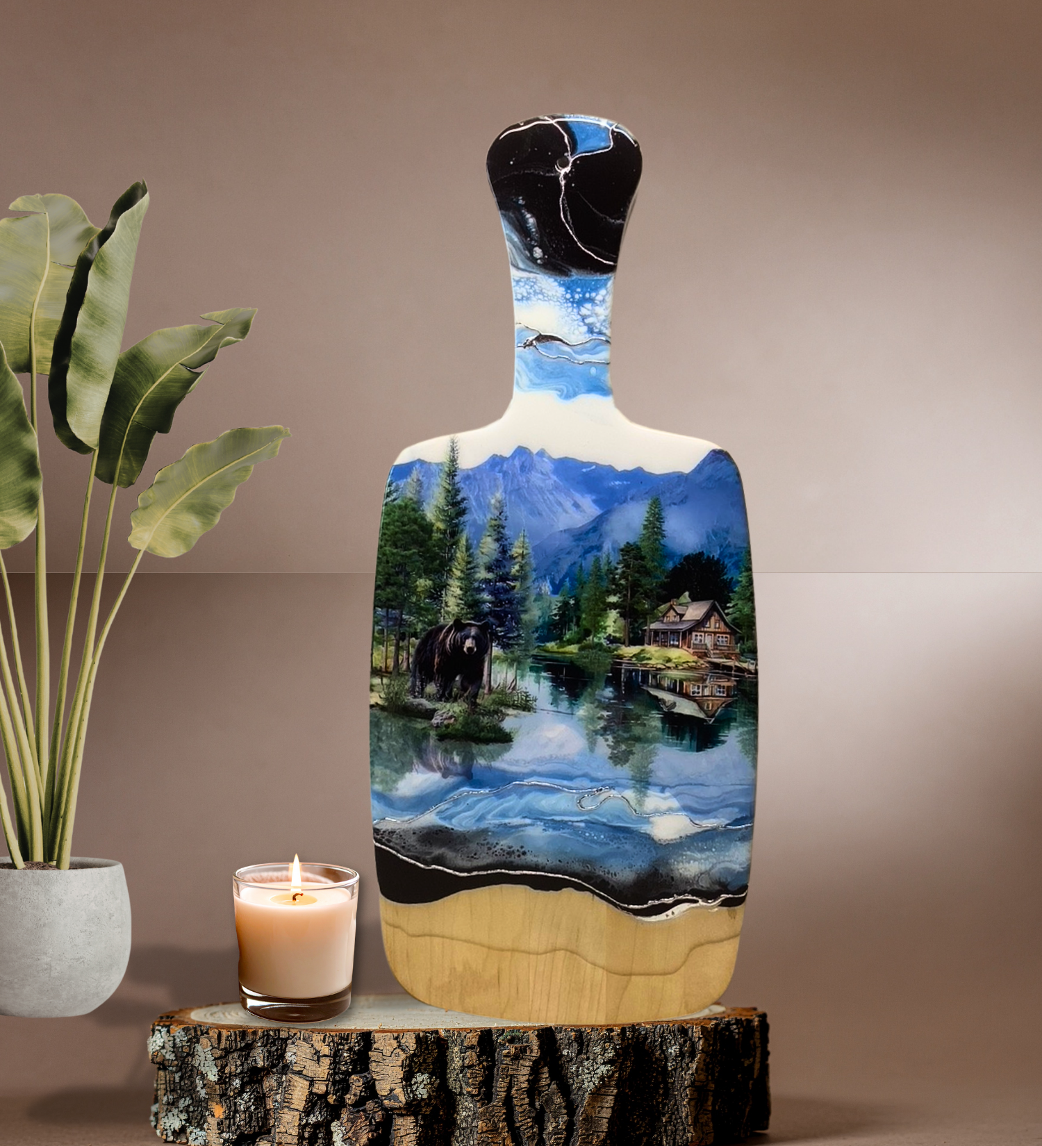 Handcrafted black bear and cabin charcuterie board with resin artwork on maple hardwood serving board.
