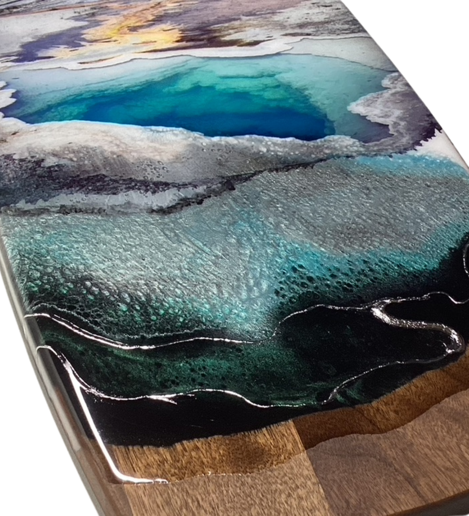 One-of-a-kind Yellowstone-inspired charcuterie board featuring geothermal resin art and pure silver accents. Handmade functional artwork from Wyoming.
