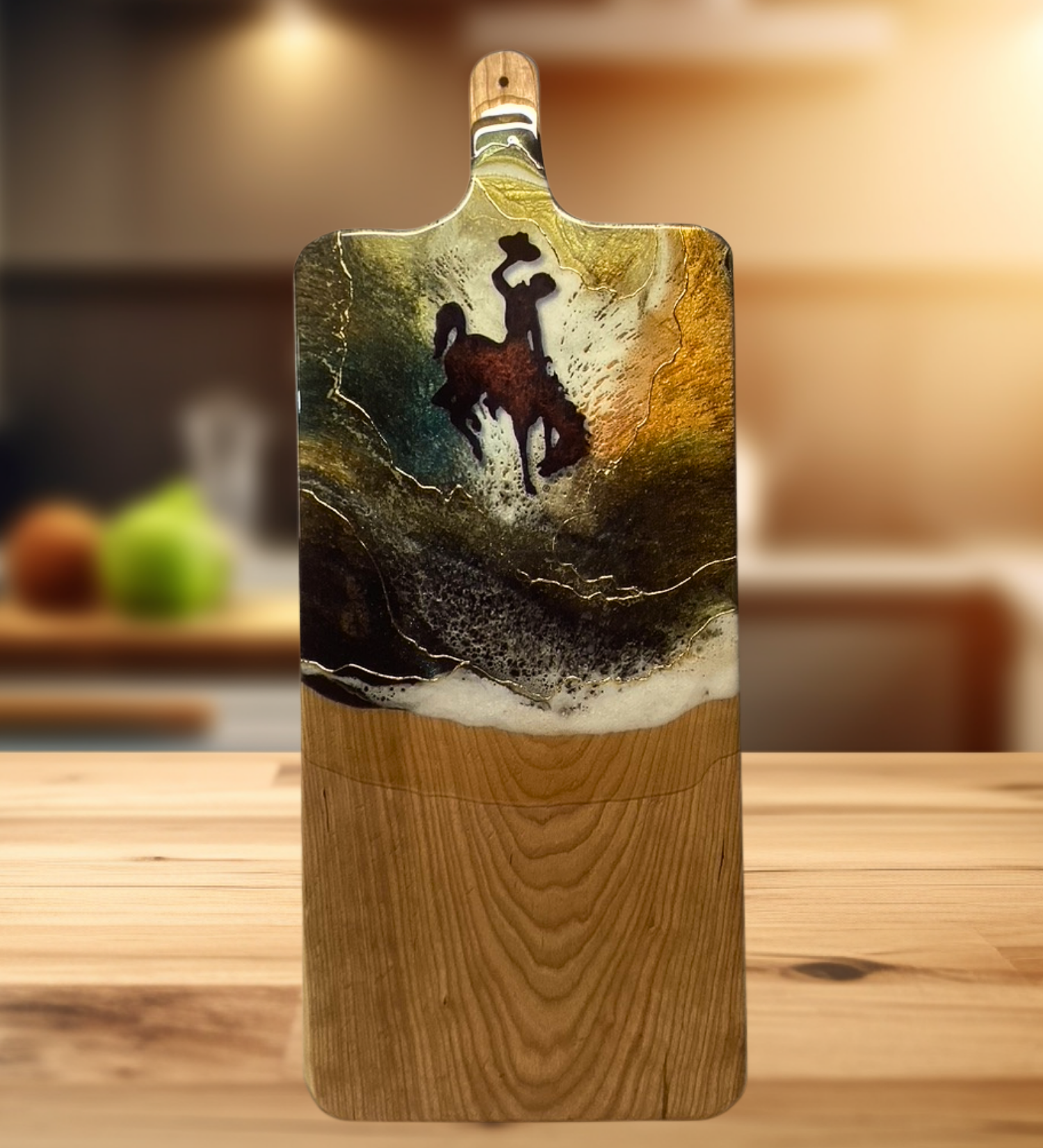 Handmade Wyoming cowboy charcuterie board with resin art and 24K gold accents on solid hardwood serving board