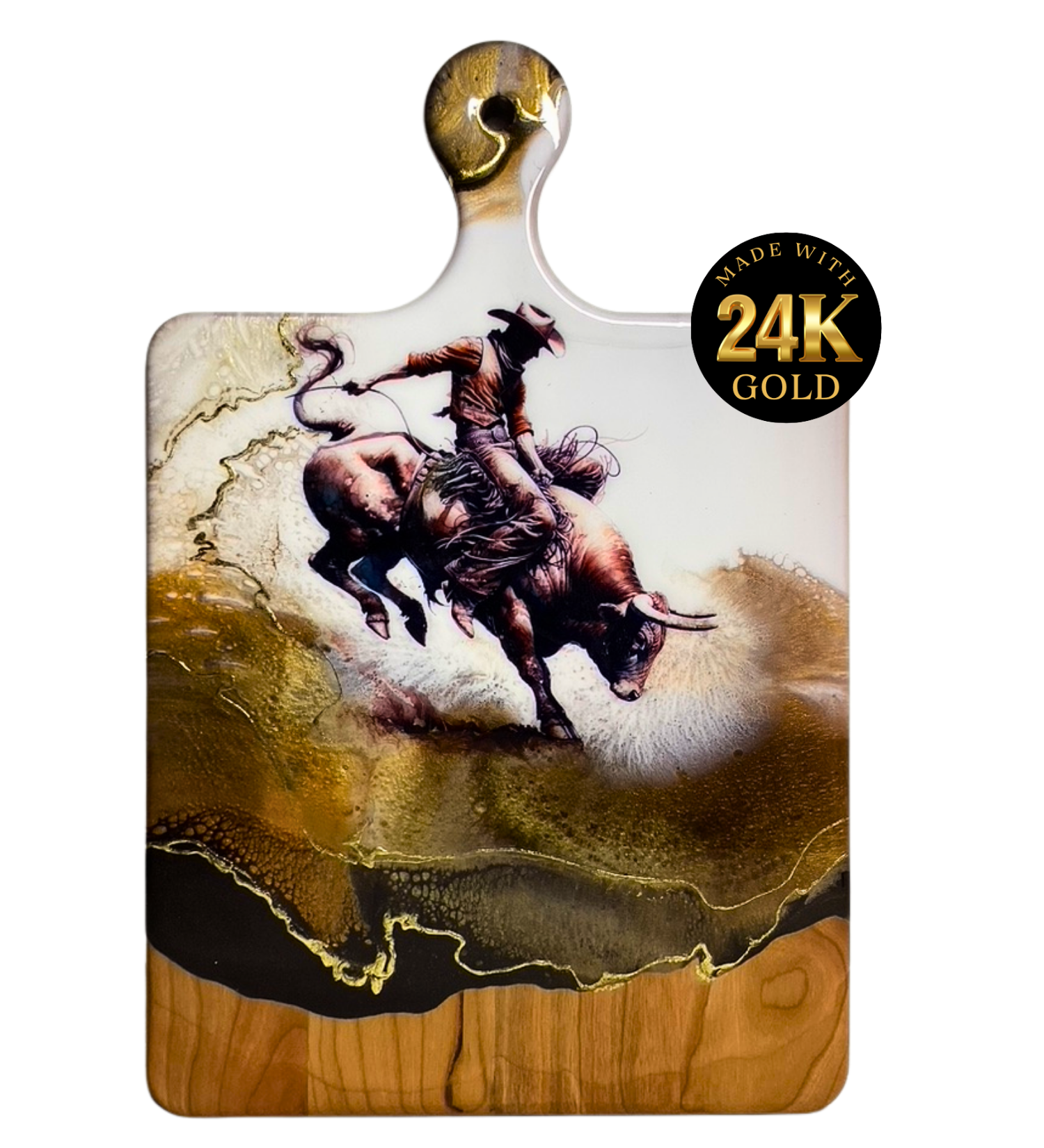 Handmade western charcuterie board featuring bull rider artwork with gold resin accents on natural wood
