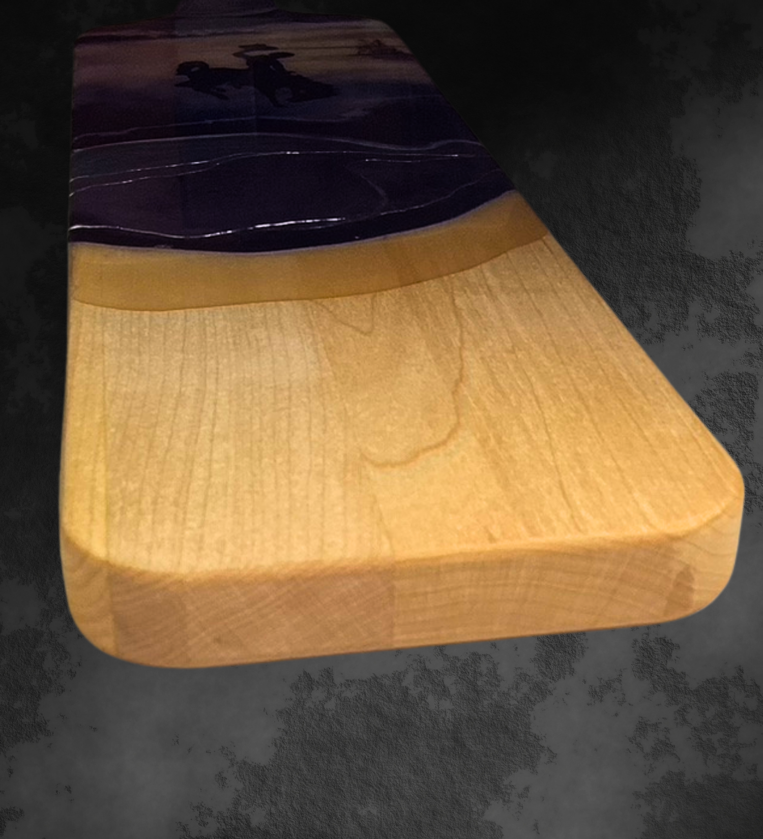 Handmade maple baguette serving board with turquoise blue and plum geothermal resin art inspired by Yellowstone and featuring the Wyoming bucking horse logo