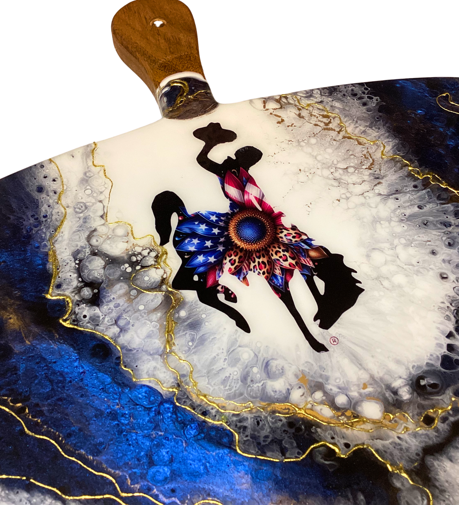 Handmade Wyoming bucking horse charcuterie board with patriotic design and 24K gold accents on acacia wood
