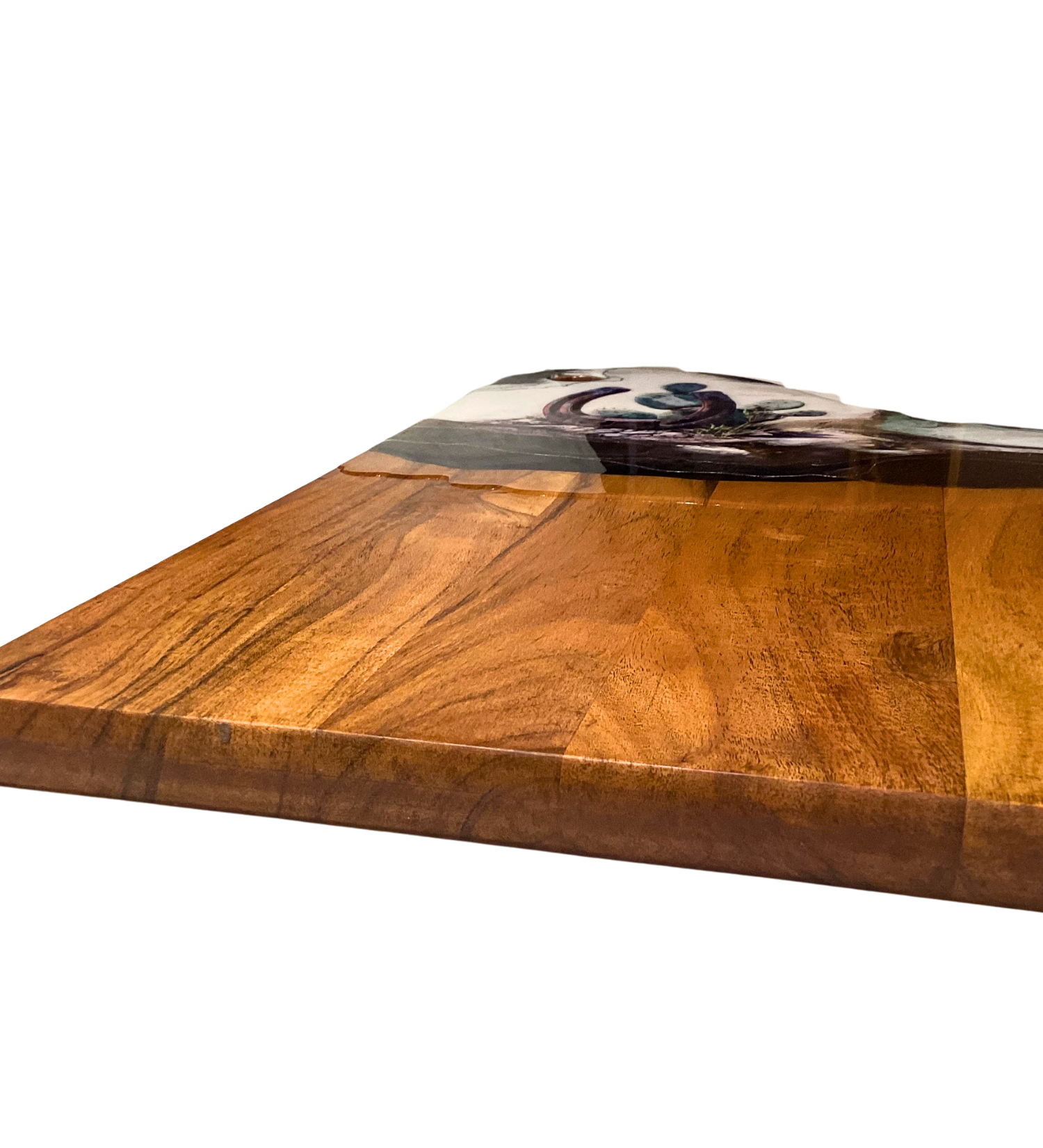 Handcrafted acacia charcuterie board featuring a rustic horseshoe standing upright with cactus behind it, accented with pure silver, Western décor style.