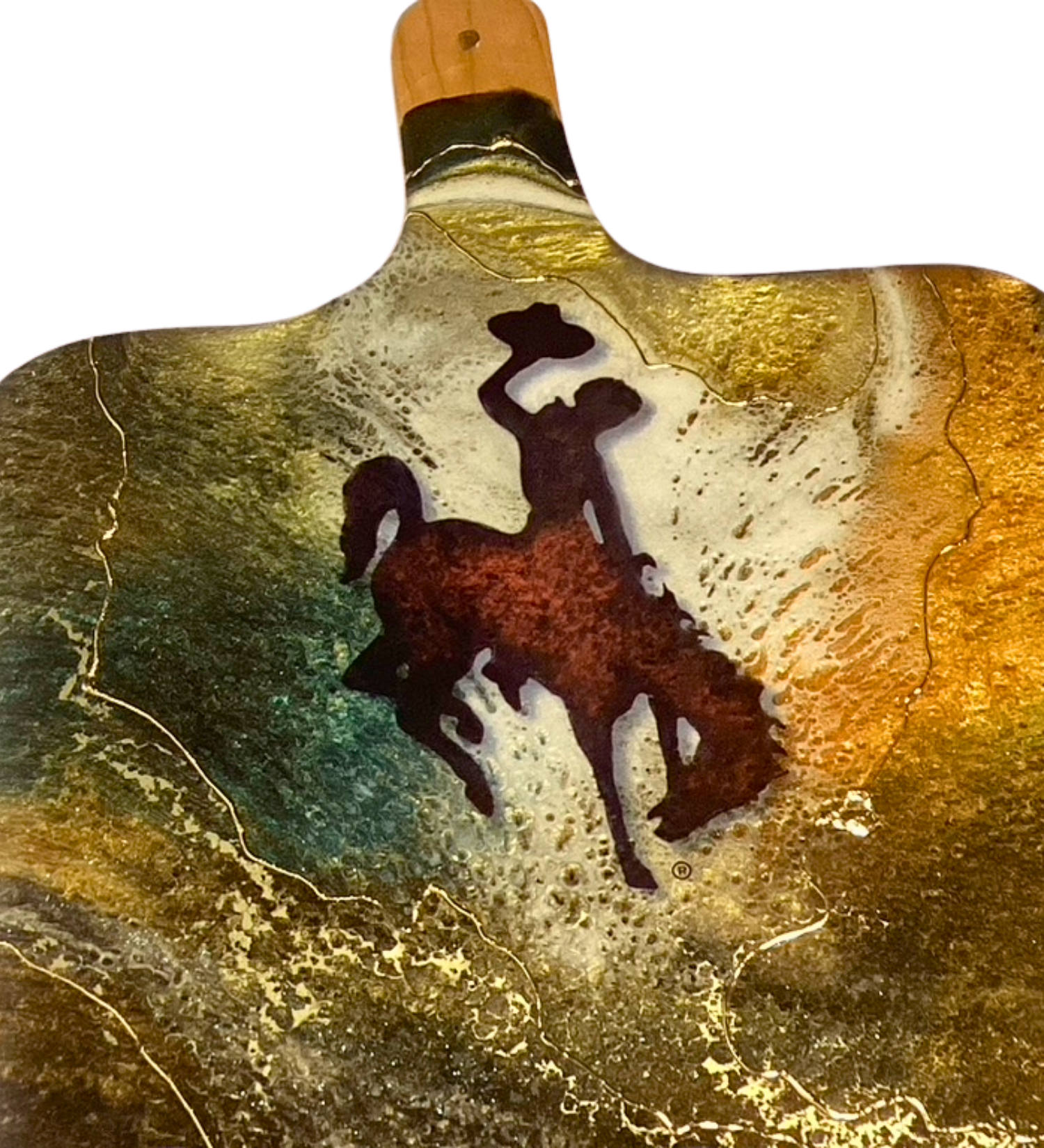 Handmade Wyoming cowboy charcuterie board with resin art and 24K gold accents on solid hardwood serving board
