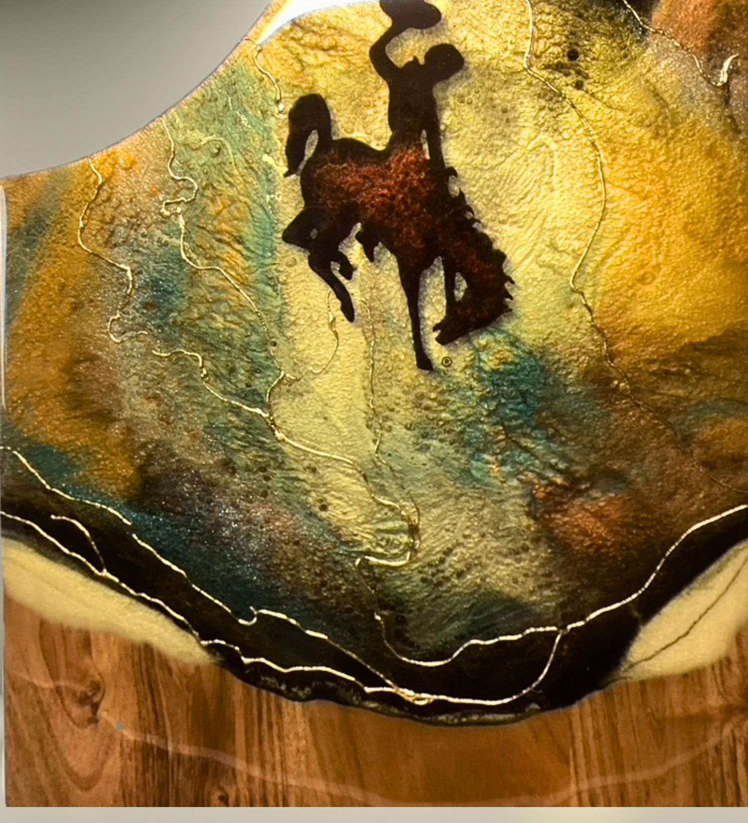 Handcrafted Wyoming cowboy charcuterie board featuring flowing resin art on acacia wood. A one-of-a-kind Western serving board and artisan kitchen gift.