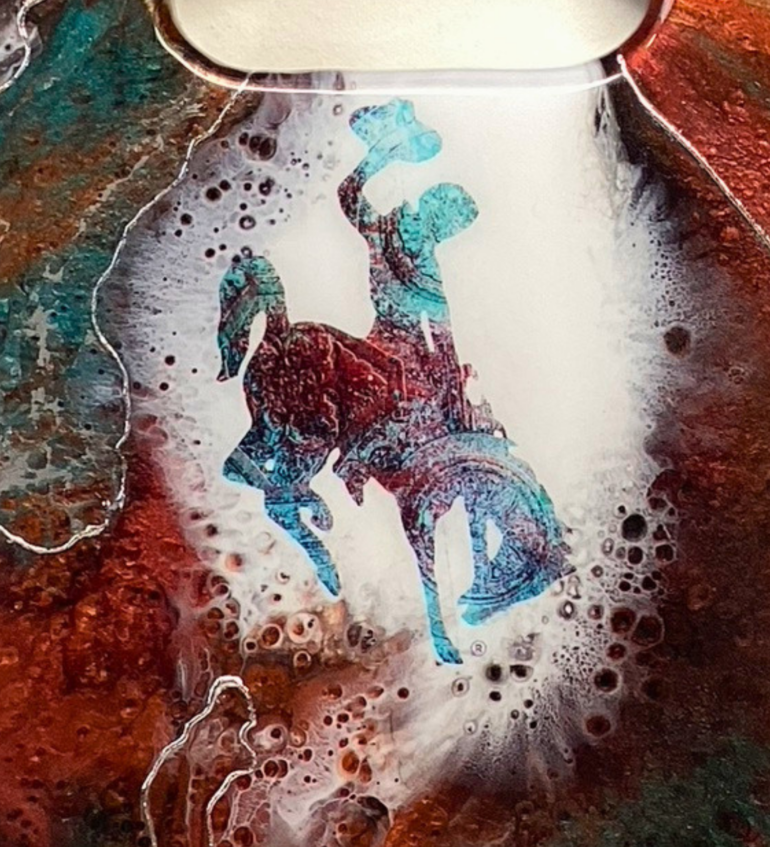 Handmade teak charcuterie board with Wyoming Cowboy design, copper and teal resin artwork, and 24K gold accents