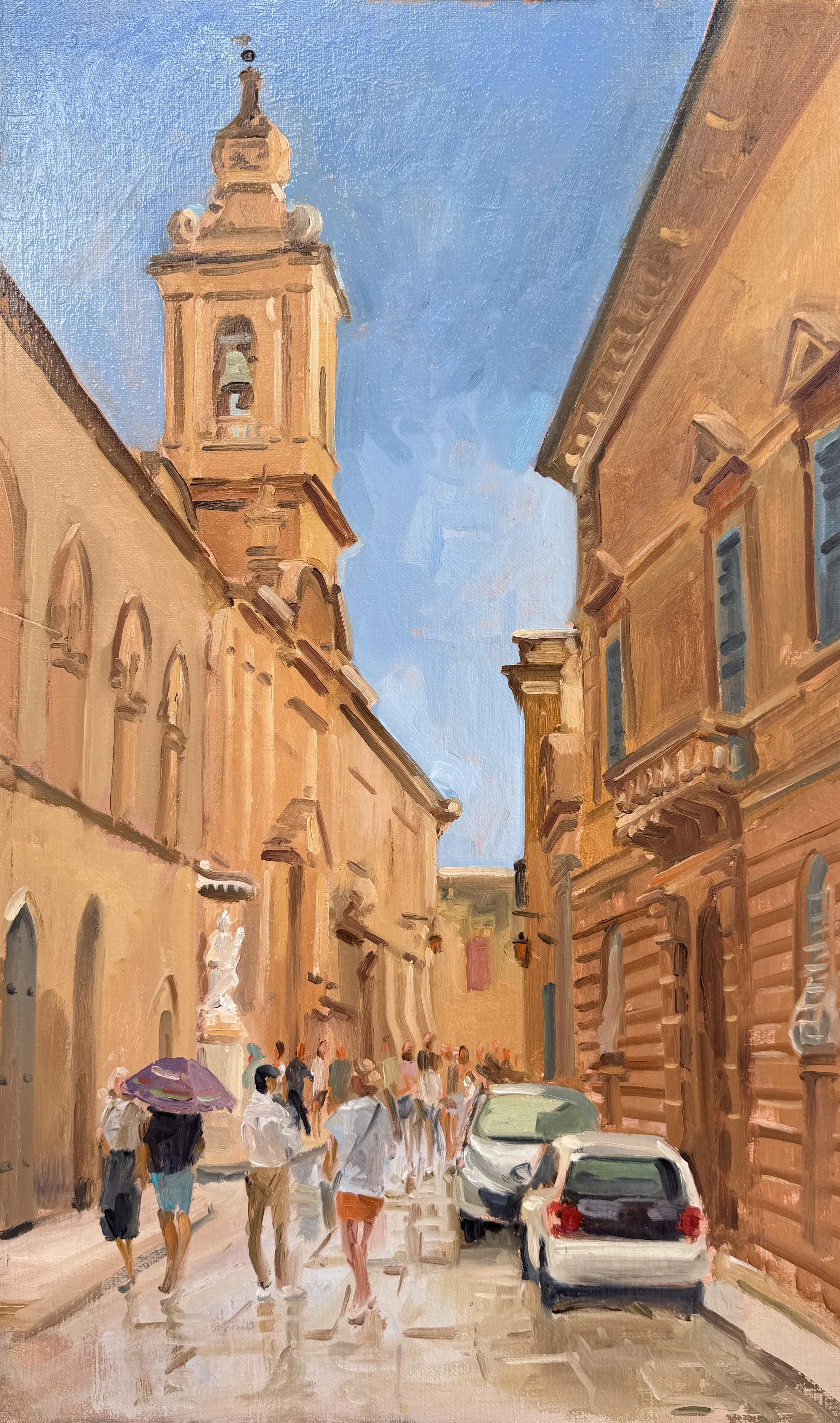 Original Oil Painting: Tourists around St. Paul's Cathedral, Mdina, Malta