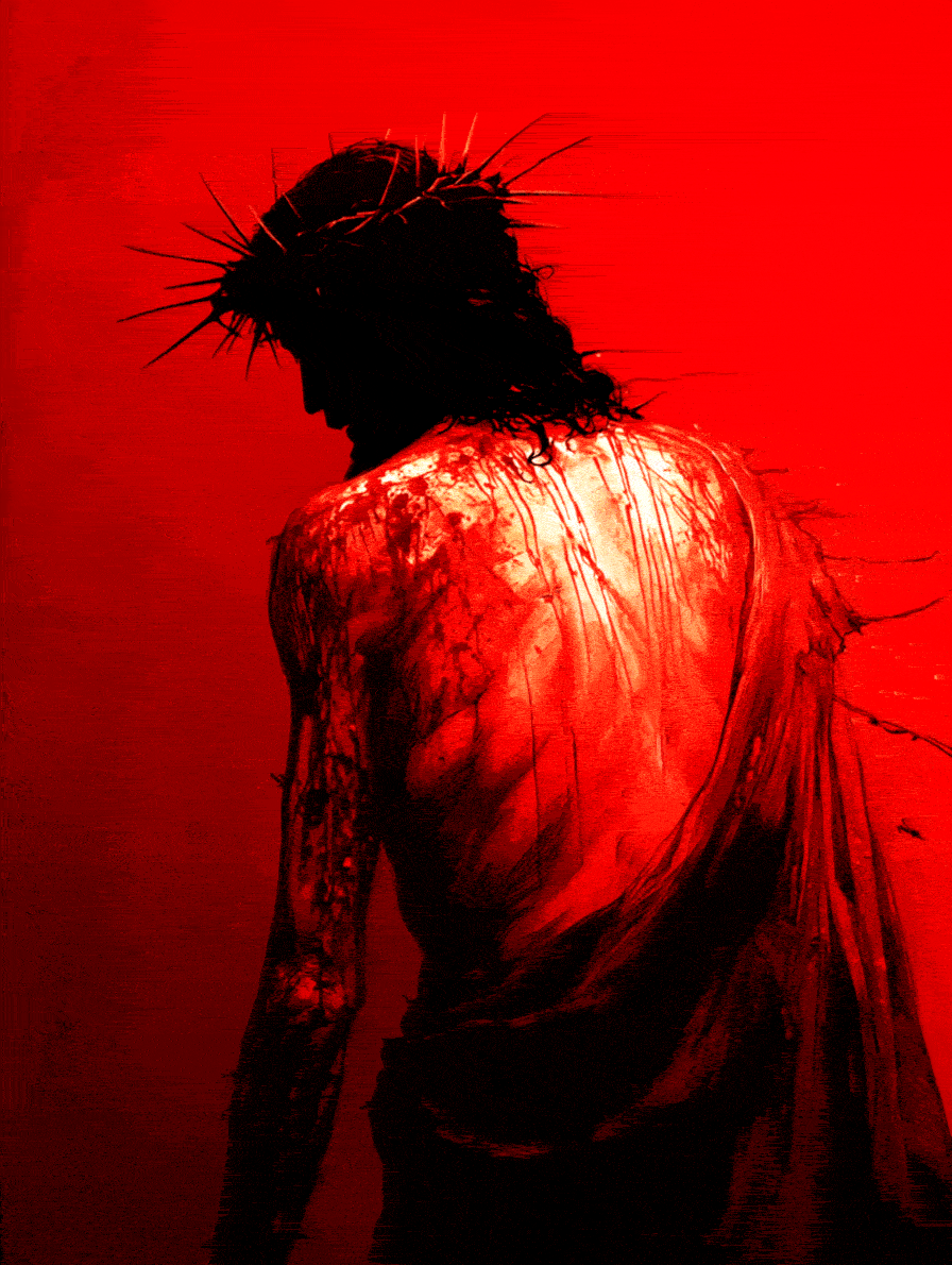 Silhouette of Jesus Christ wearing a crown of thorns with a red background