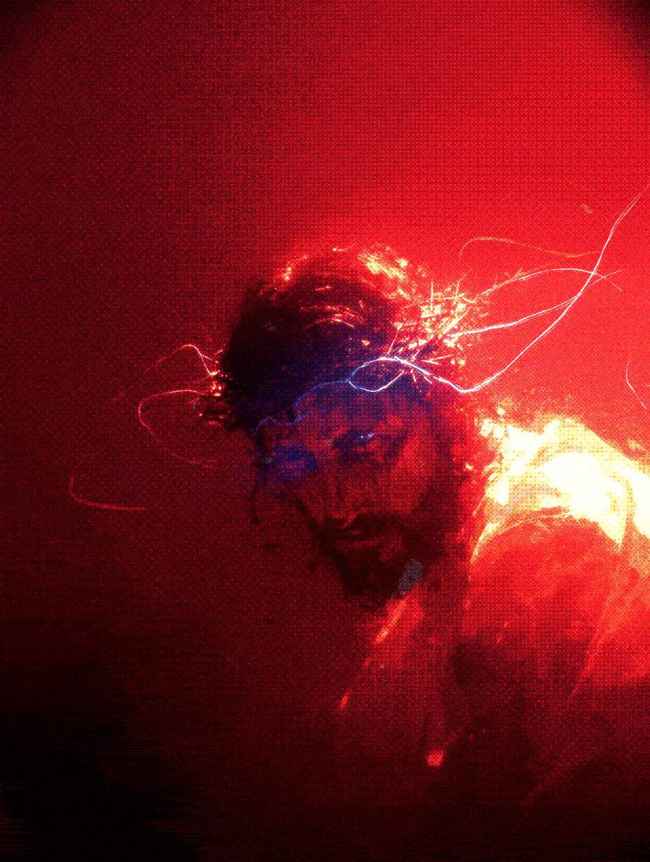 Close-up of a person with glasses in red lighting, surrounded by electric sparks and light streaks.