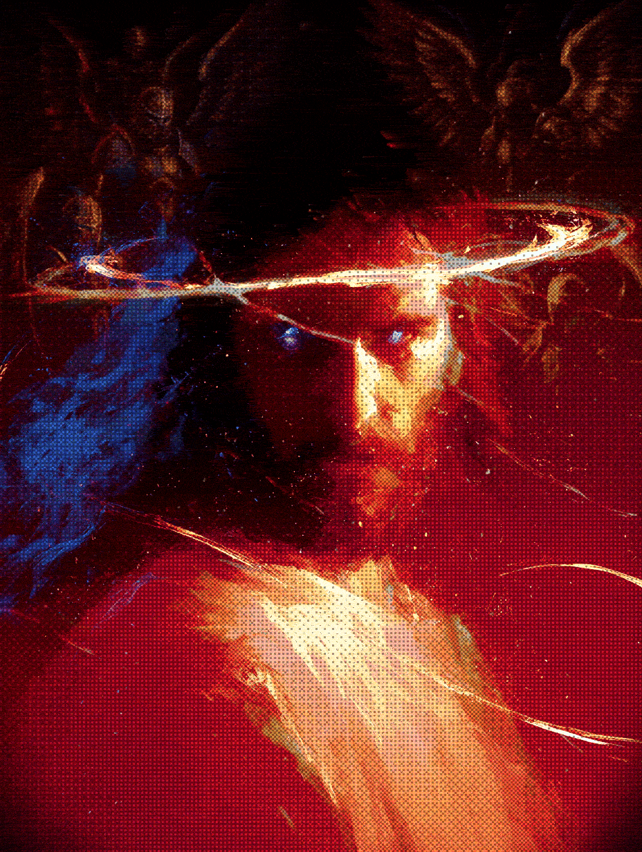 Digital artwork of a celestial figure with wings, a halo, and glowing eyes, surrounded by cosmic elements and a fiery background.