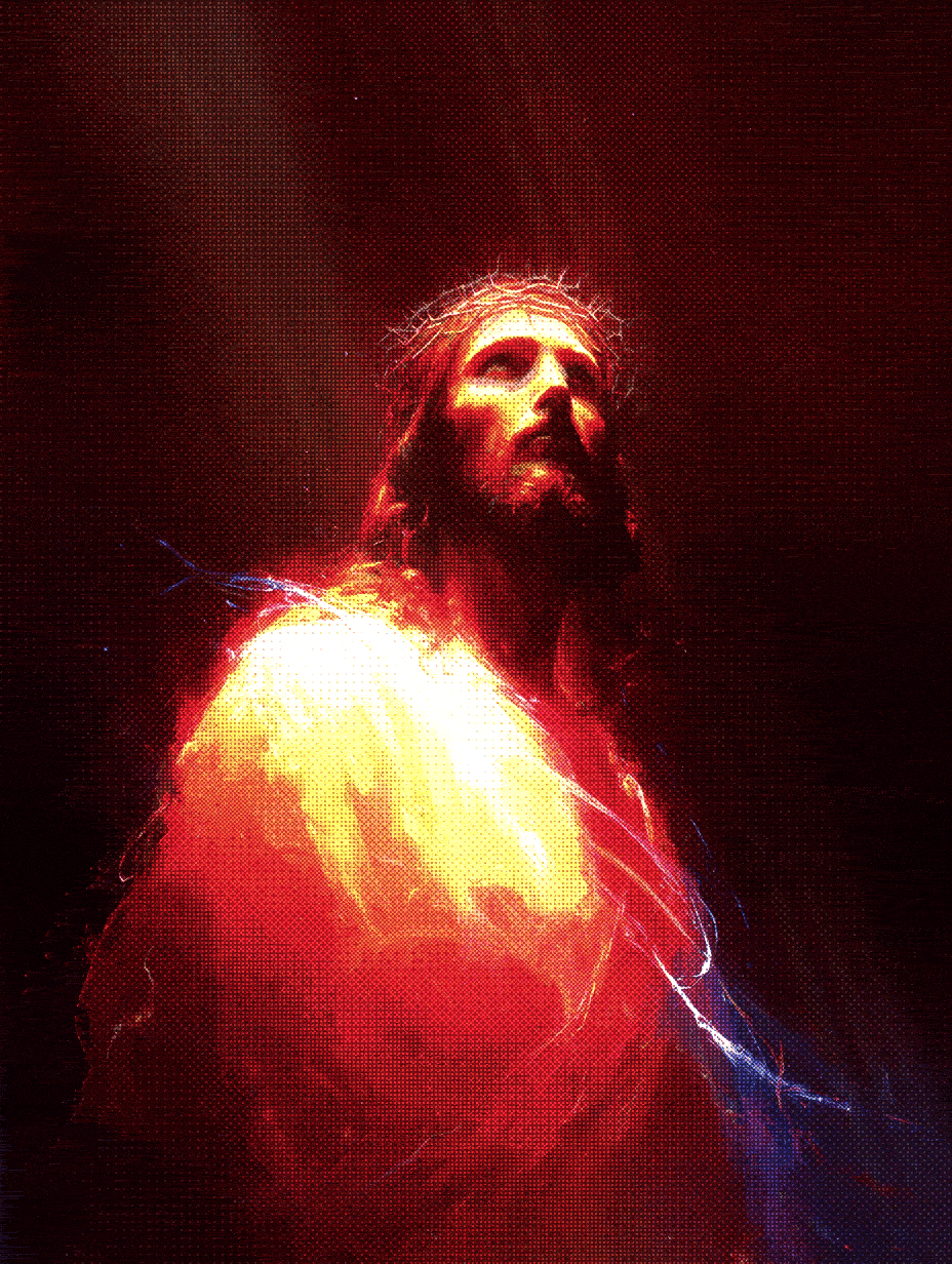 Digital artwork of Jesus Christ with a glowing halo, depicted in a fiery, electrified style against a dark background.