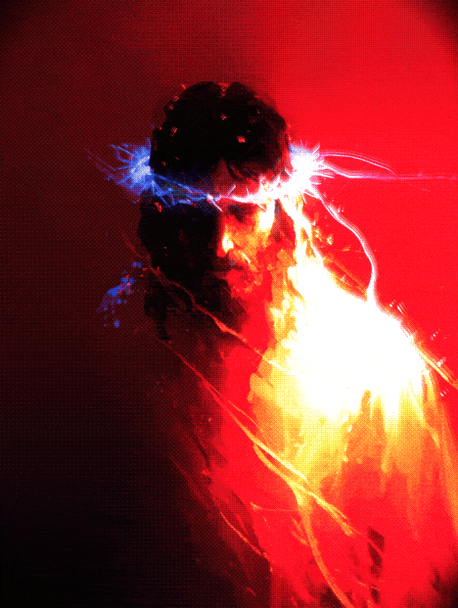 A digital artwork of a man with glasses, surrounded by red, orange, and blue lightning effects.