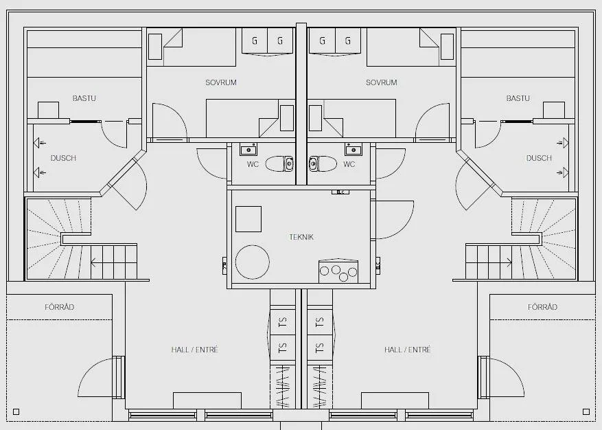 Två identiska bostadsplaner sida vid sida, varje med hall, sovrum, badrum, dusch, bastu, förvaringsutrymme och ett teknikrum, samt trappor på båda sidor.