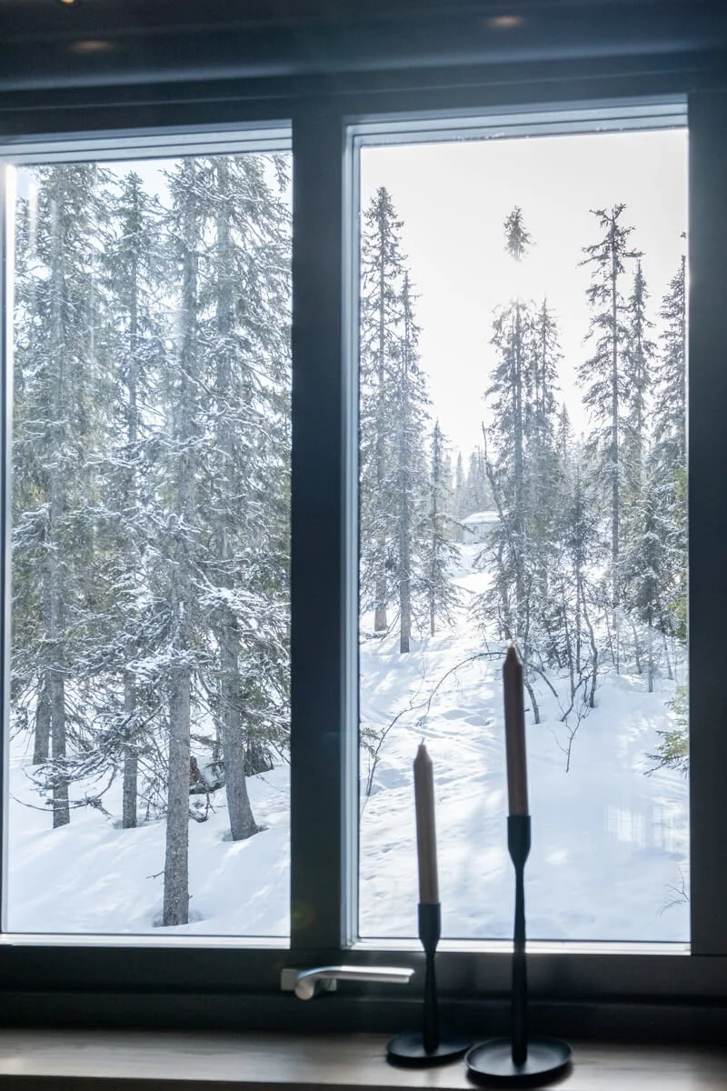 Snöklädda träd utanför ett fönster i en vinterlandskapsscen, med två ljusstakar inomhus i förgrunden.