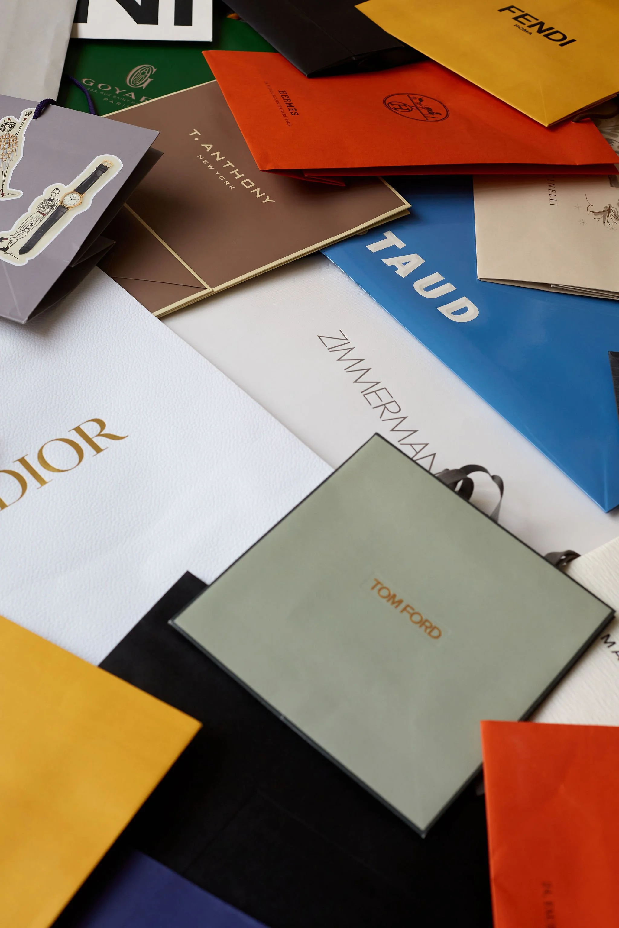 Arrangement of various branded shopping bags and packaging, including Dior, Tom Ford, Zammerman, Fendi, Hermes, and T. Anthony, in different colors and sizes.