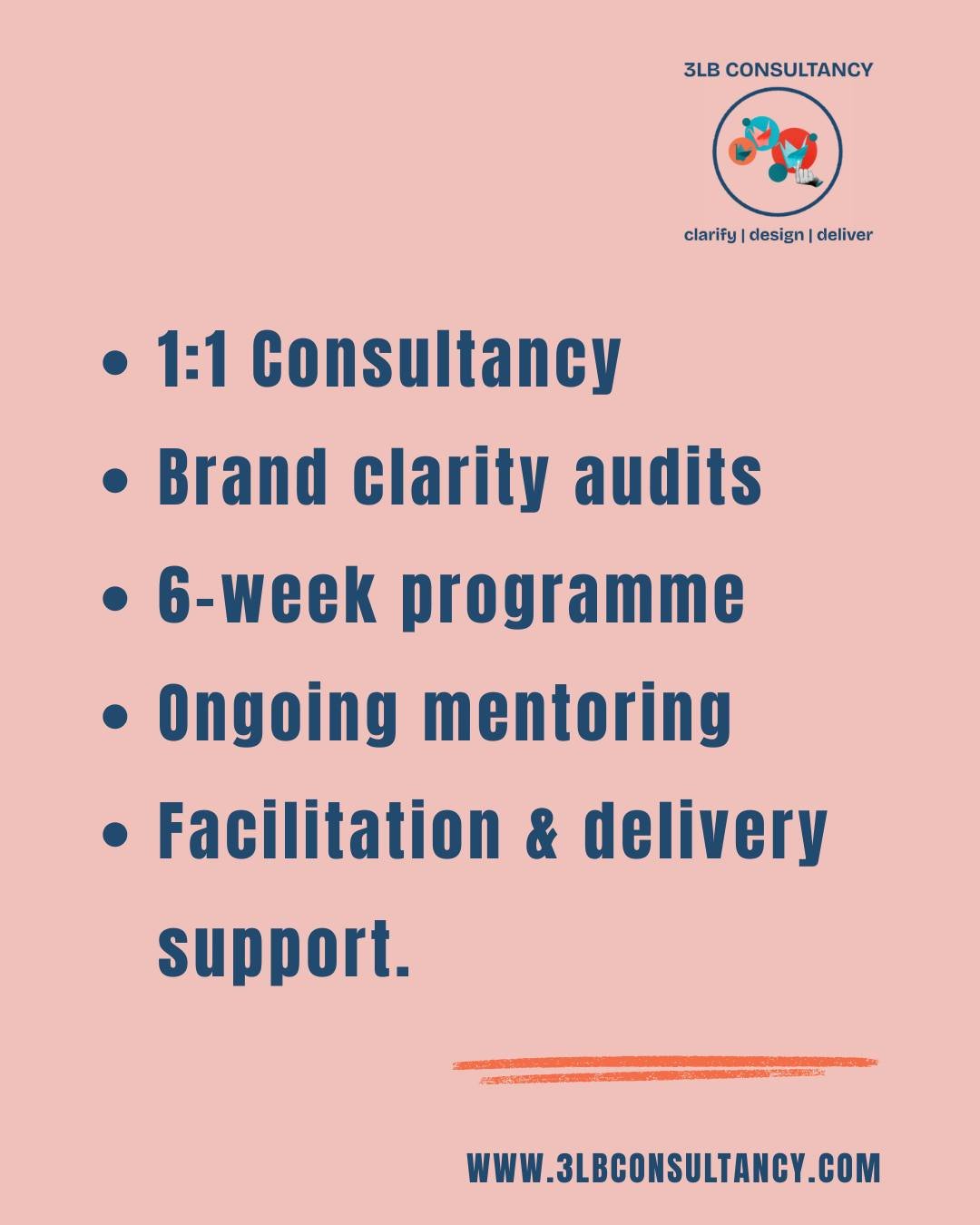 Ways to work with us right now: 

&ndash; 1:1 consultancy 
- Brand clarity audits 
&ndash; 6-week programme 
&ndash; Ongoing mentoring 
&ndash; Facilitation &amp; delivery support. 

If you&rsquo;re ready to take your ideas seriously &mdash; We are h