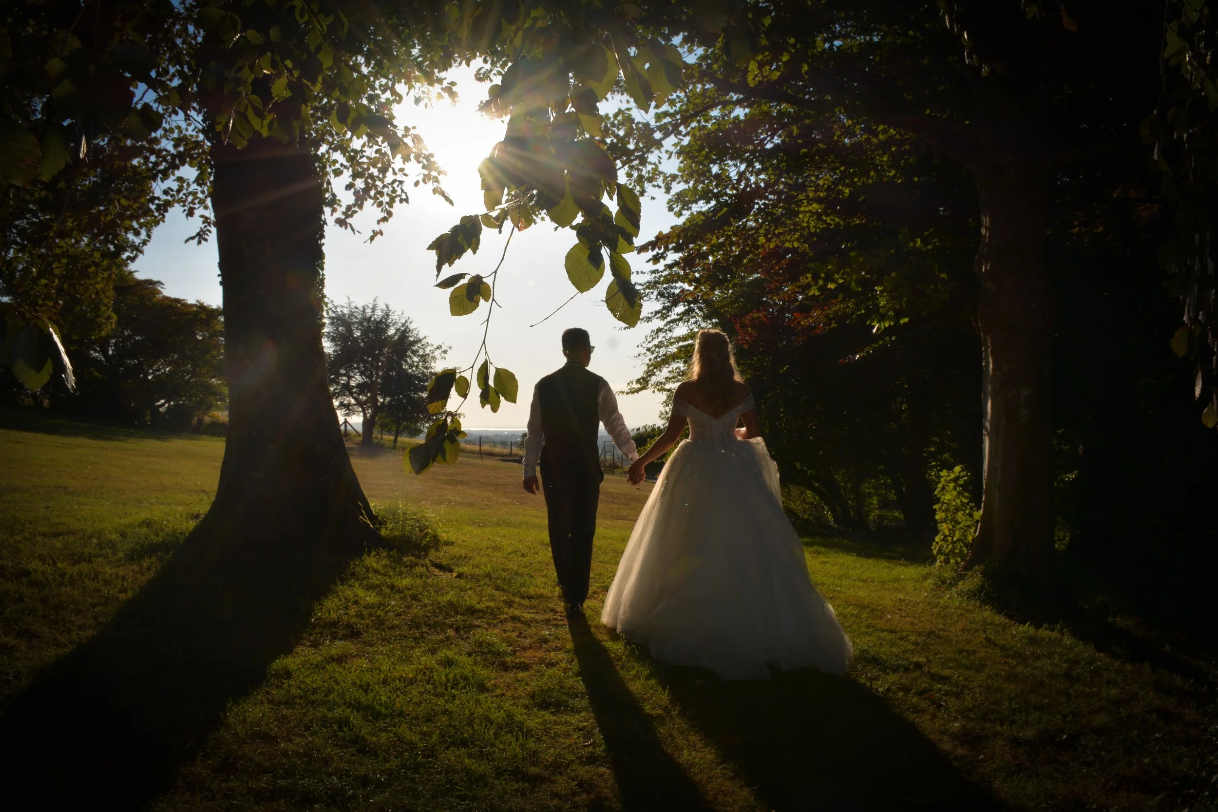 A couple in wedding attire walking hand in hand through a park on a sunny day with trees and open field in the background.