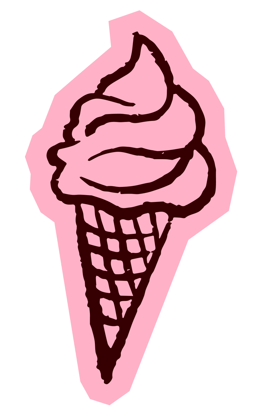 A cartoon-style drawing of an ice cream cone with pink ice cream on top.