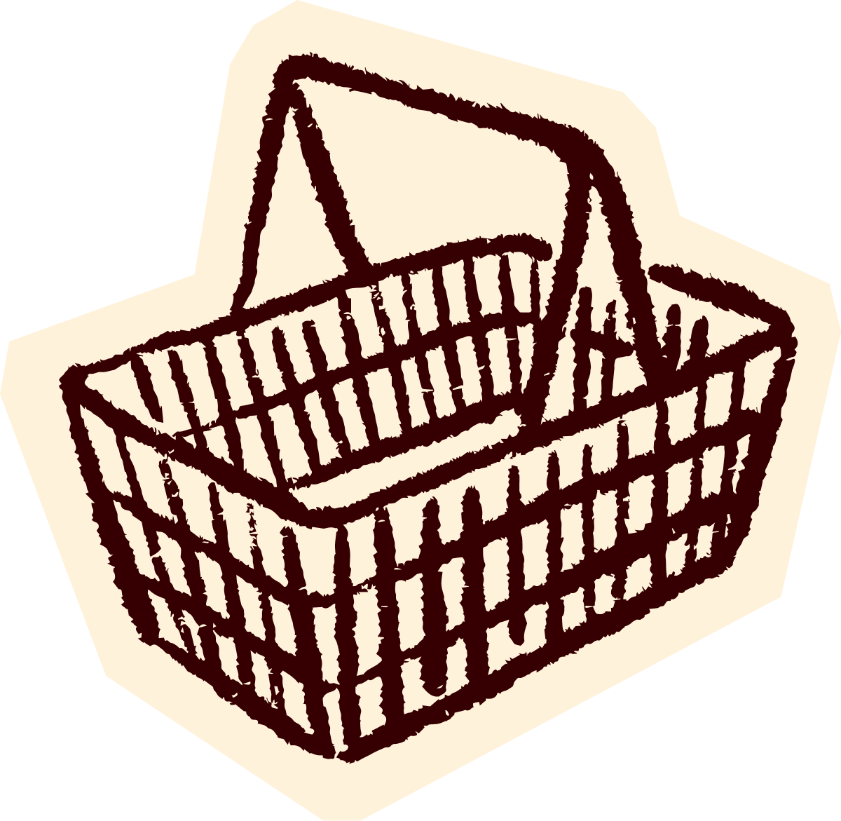 Drawing of an open plastic basket with a handle, made with dark lines on a light background.