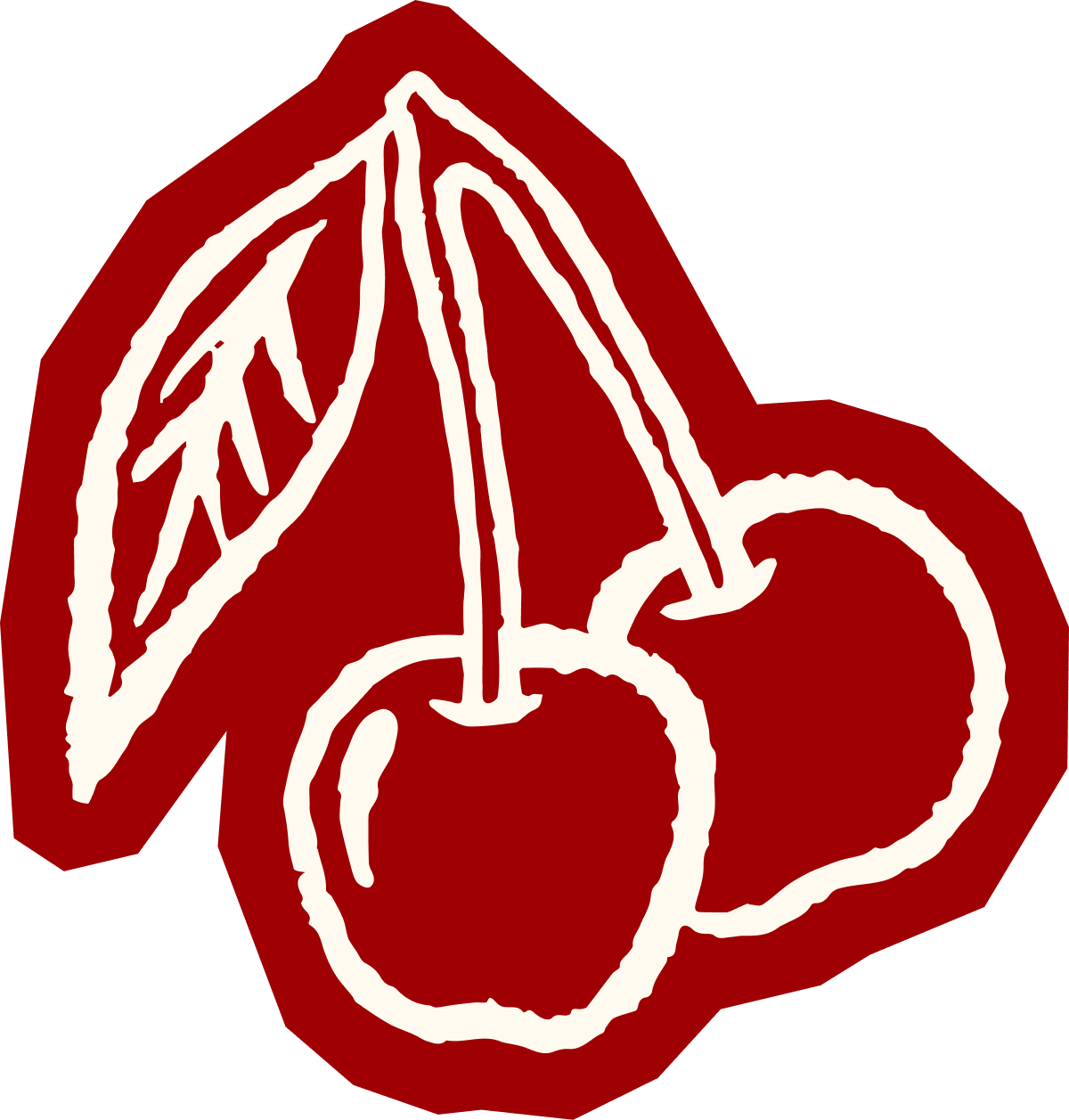 Hand-drawn peace symbol in white, overlaid on a red heart-shaped background with jagged edges.