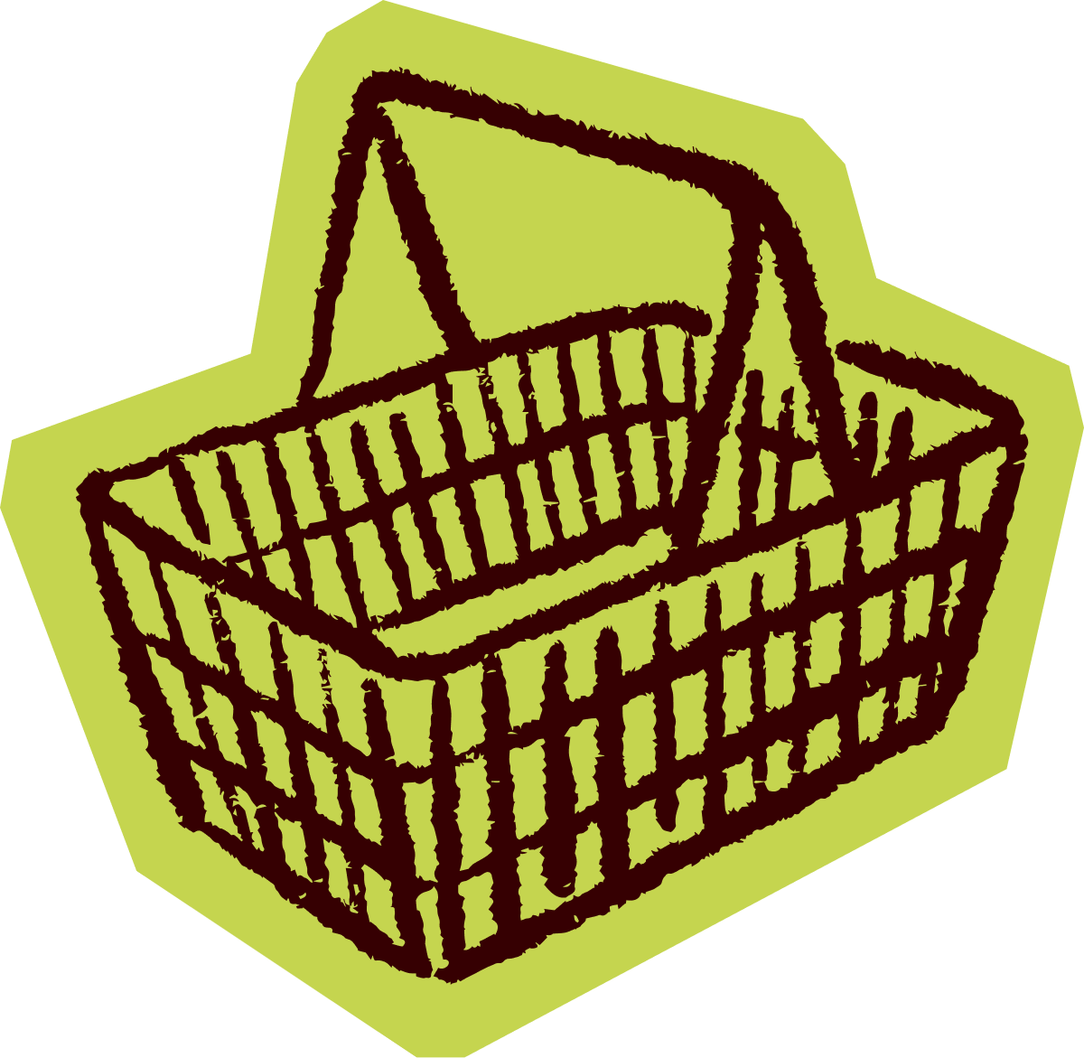 Illustration of a green shopping basket with black outlines, viewed from an angle.