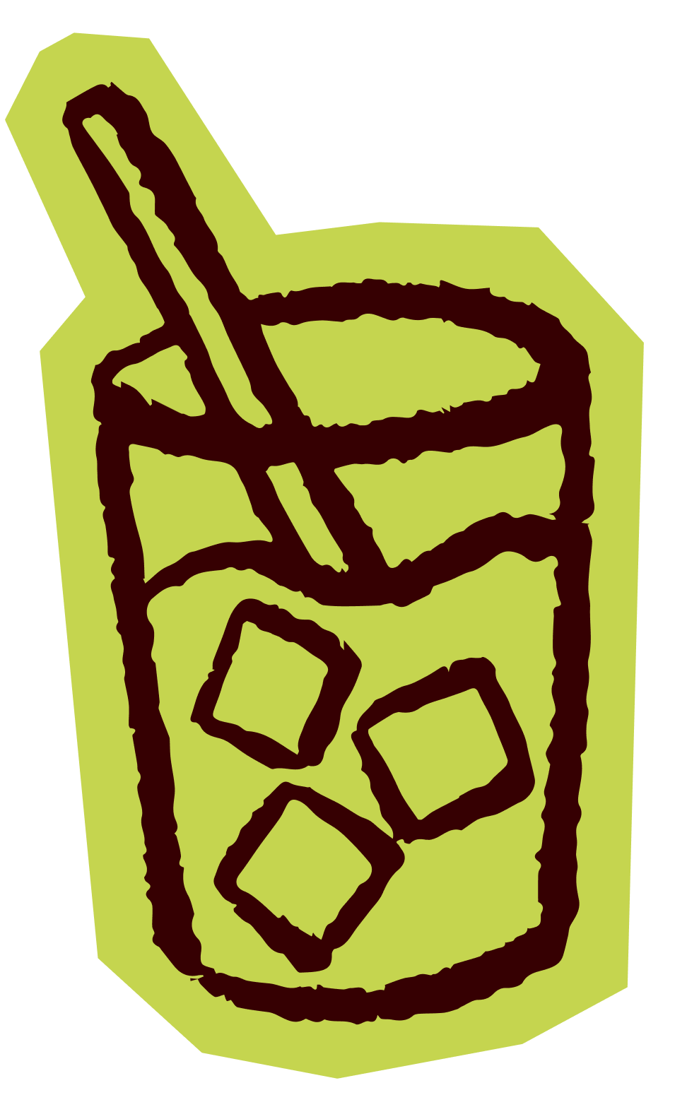 Drawing of a green container of soda with ice cubes and a straw.