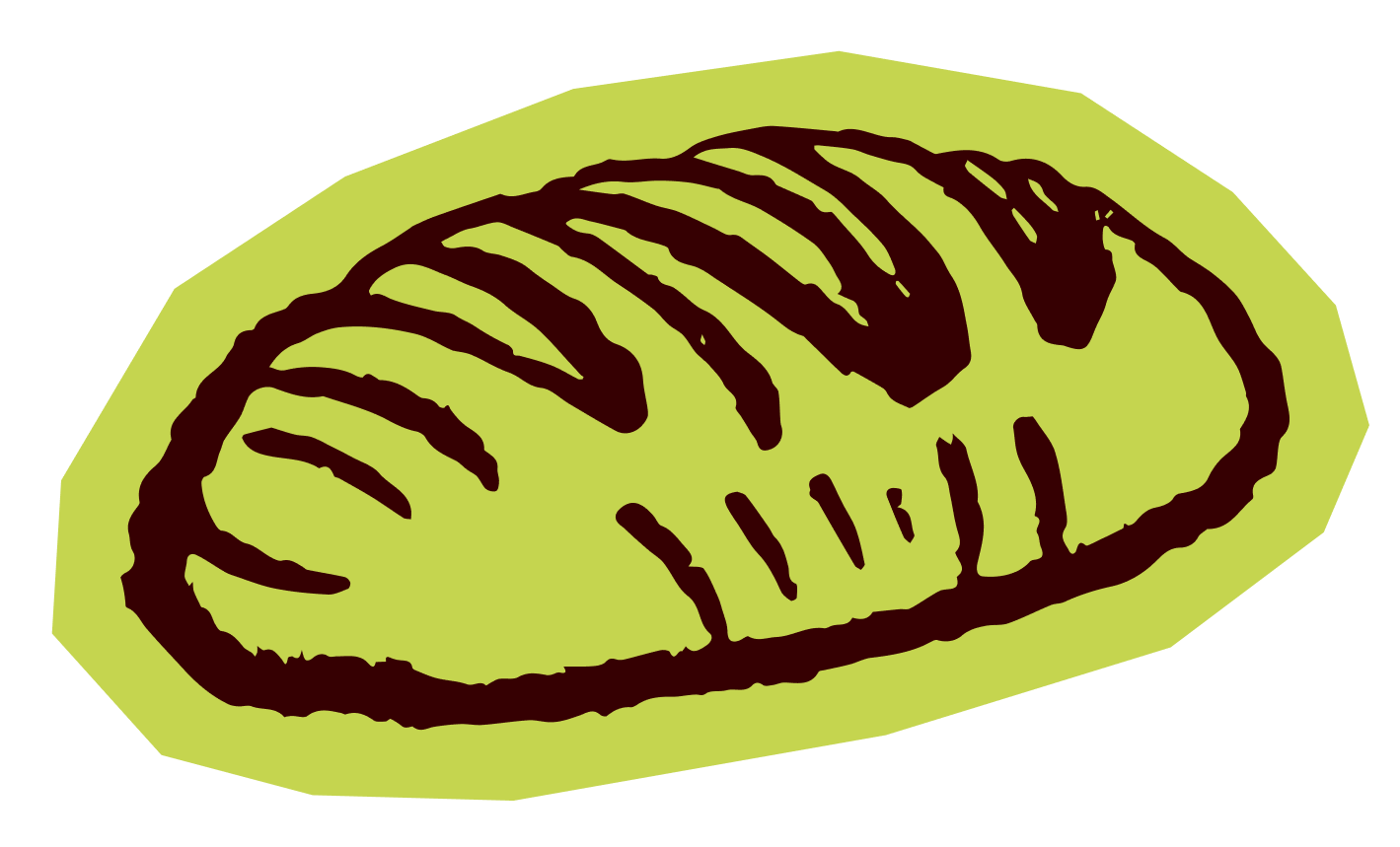 A digitally illustrated green kiwi fruit with brown seeds on the inside.