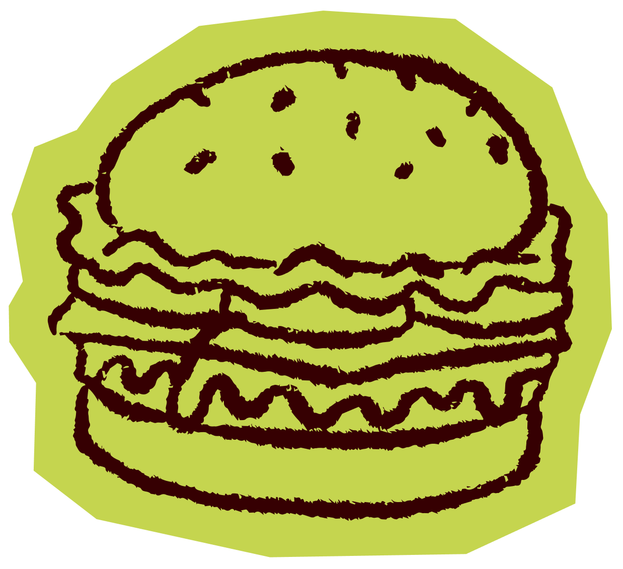 A cartoon drawing of a hamburger with lettuce, cheese, and a beef patty on a bun.