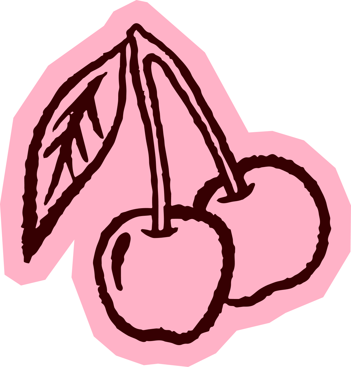 Illustration of two cherries with stems and leaves on pink background.