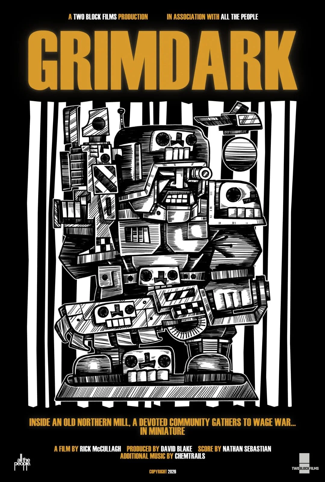 Movie poster for 'Grimdark' depicting a black and white illustration of blocky machinery with skulls, set against black vertical stripes with yellow text.