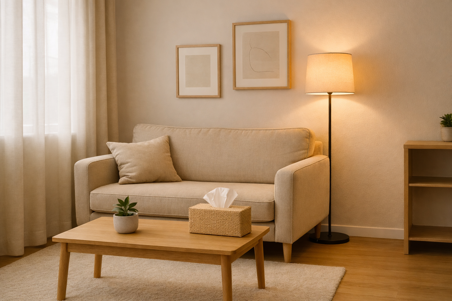 Living room with beige sofa, side table, potted plant, tissue box, wall art, curtain, and floor lamp.