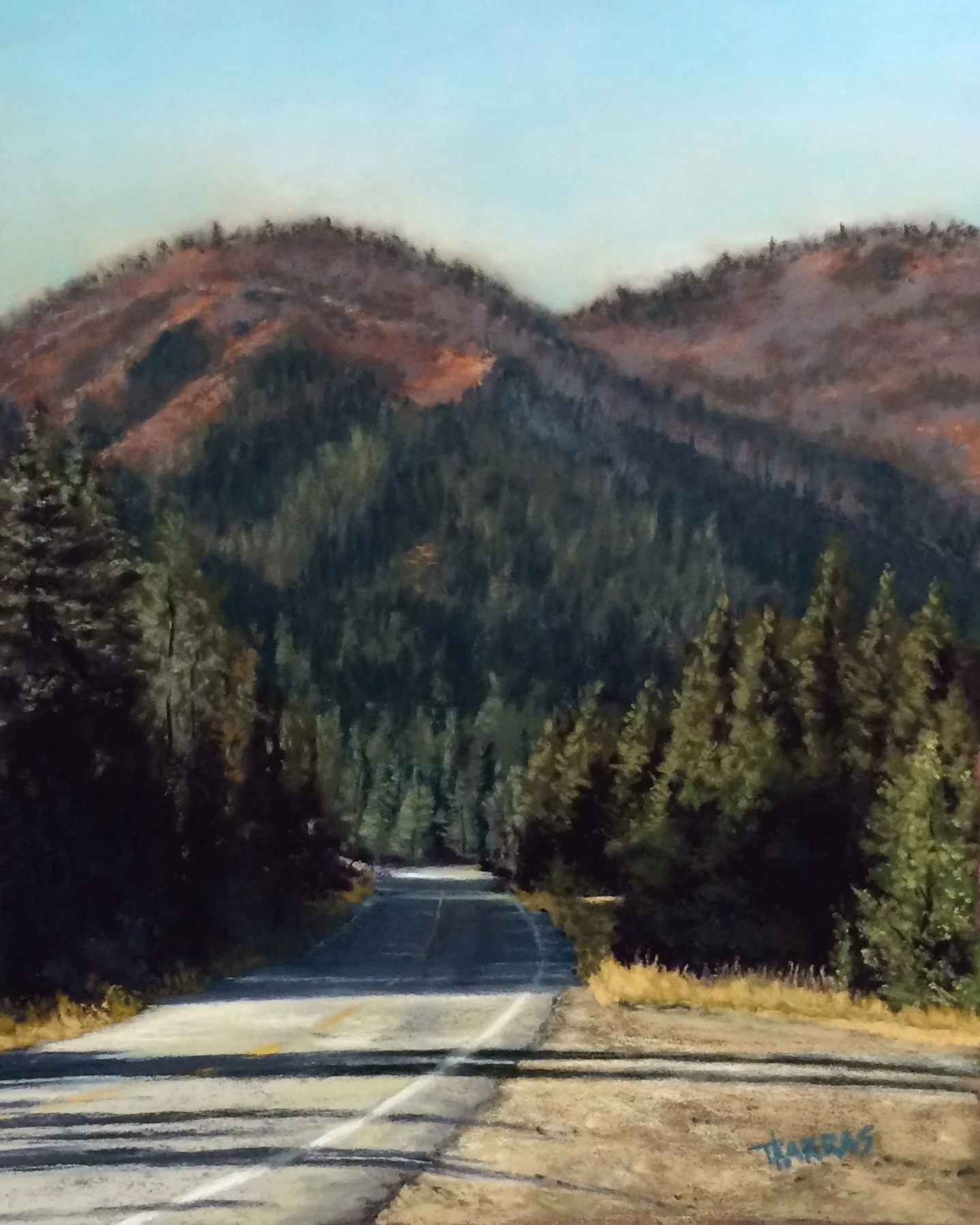 Painted landscape of a mountain with tall green trees in the foreground, a dirt road at the bottom, and a blue sky above.