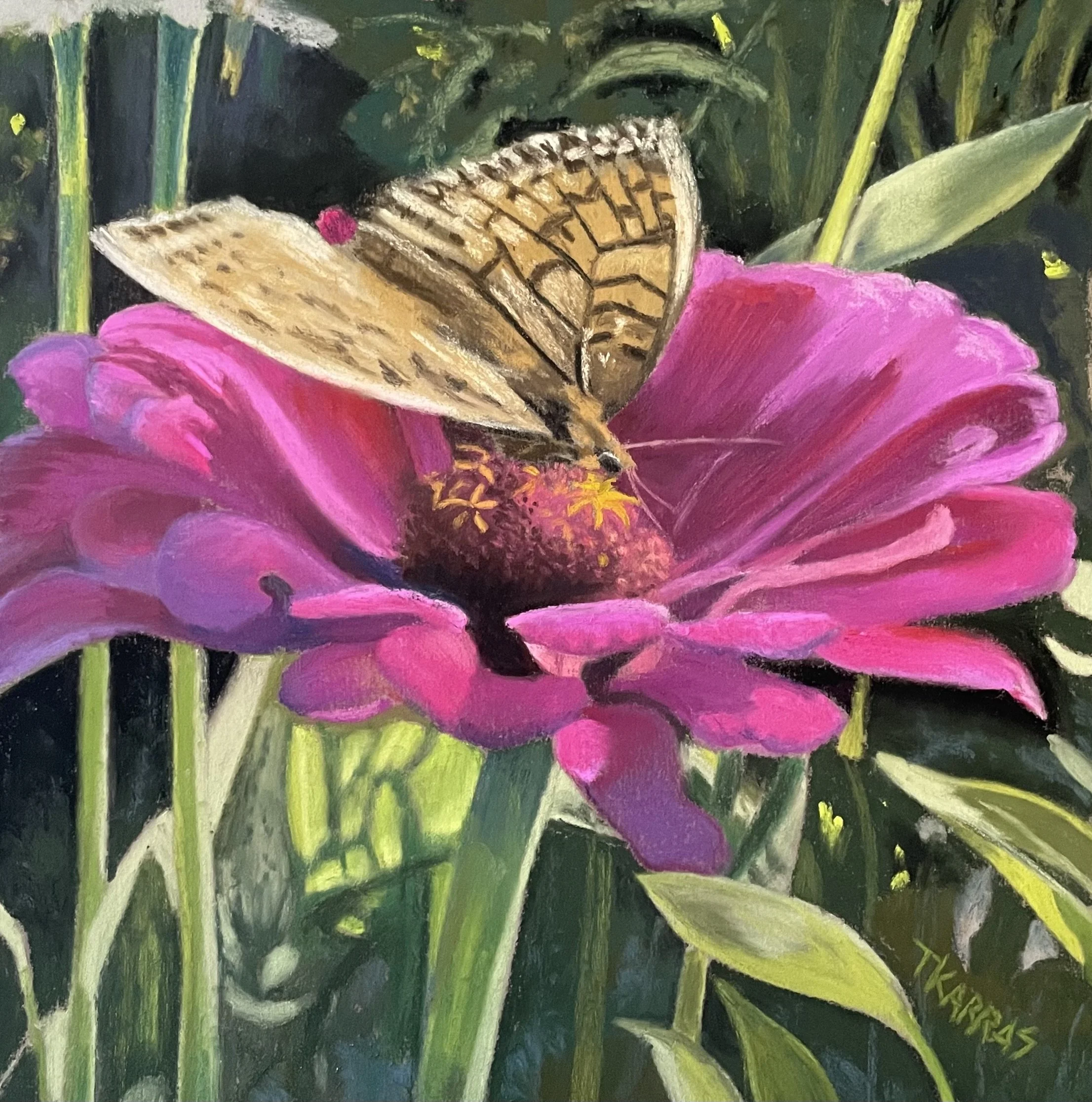 A monarch butterfly perched on a pink flower with green stems and leaves in the background.