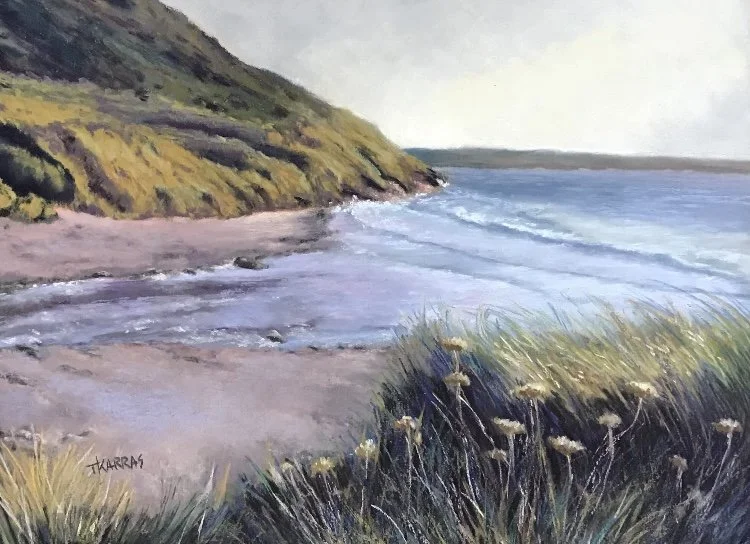 A landscape painting of a coastal scene with a water body, grassy shoreline, and a hillside with patches of green and yellow vegetation.