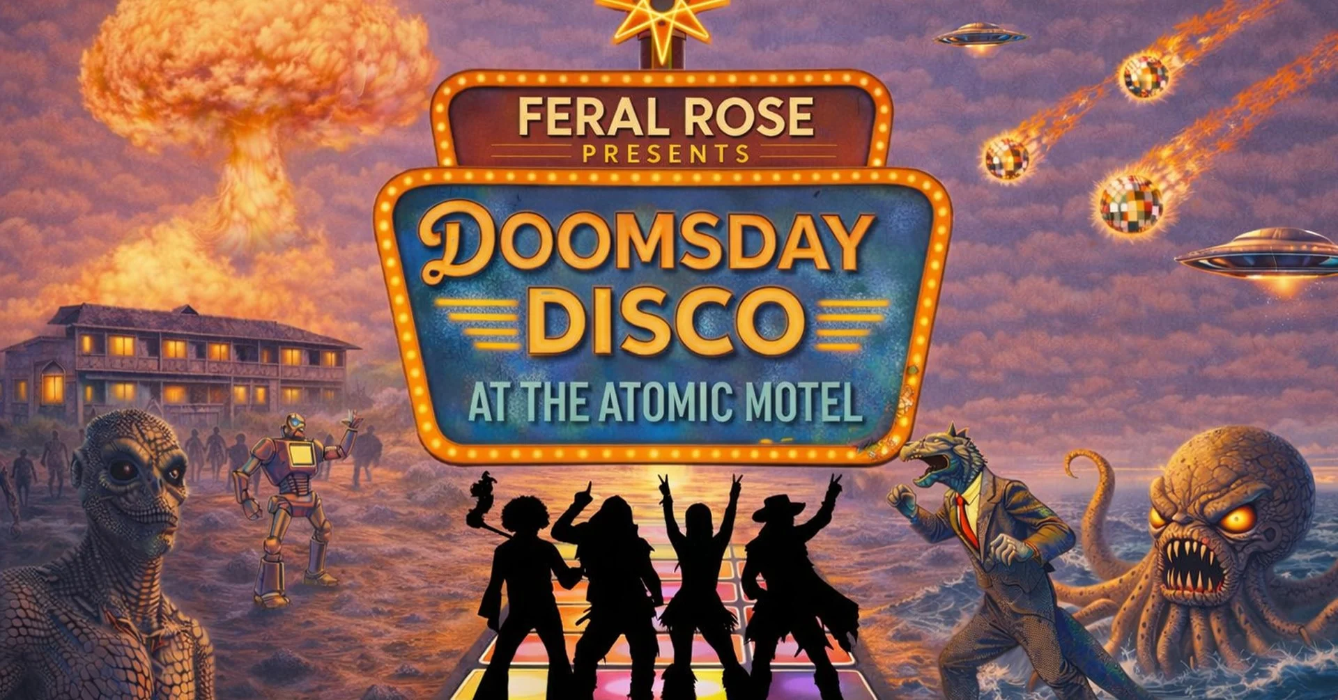 A promotional poster for a fictional event called 'Doomsday Disco at the Atomic Motel,' presented by Feral Rose. The background features an apocalyptic scene with UFOs, an explosion, a mushroom cloud, and various monsters including a skull-faced creature and an octopus-like monster. Silhouettes of dancing people and a robot are at the bottom, with a colorful illuminated sign in the center.