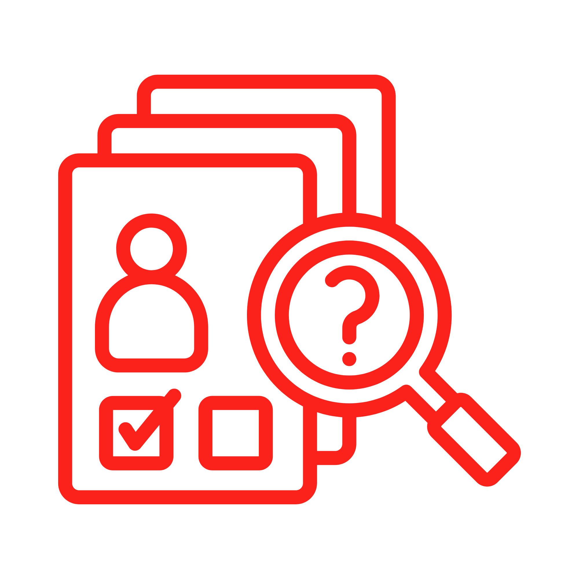 Red outline icons of a mobile phone with a person's profile, a checkmark, and a magnifying glass with a question mark, on a black background.