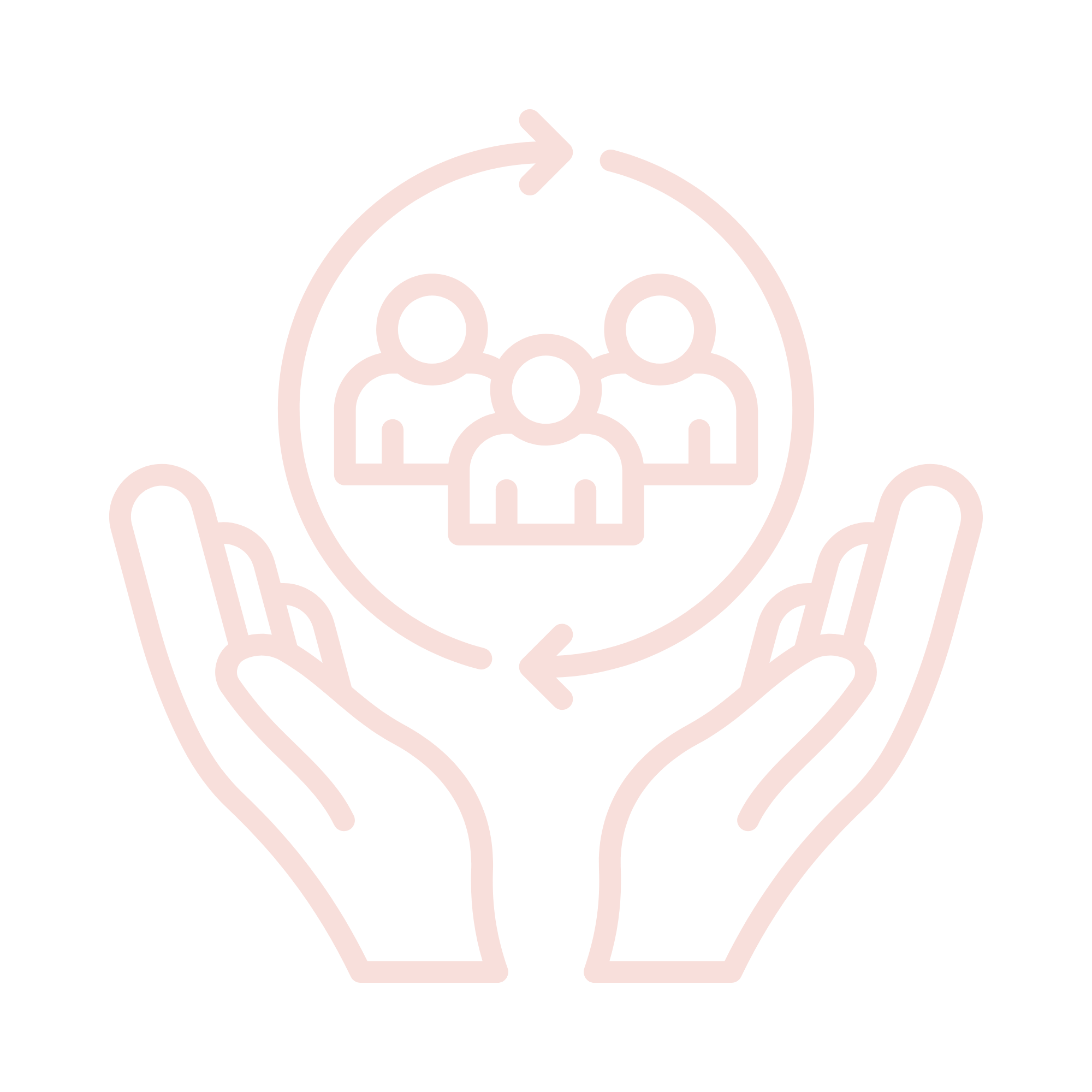 Outline icon of two hands holding a circle with three people inside, representing teamwork or community support.