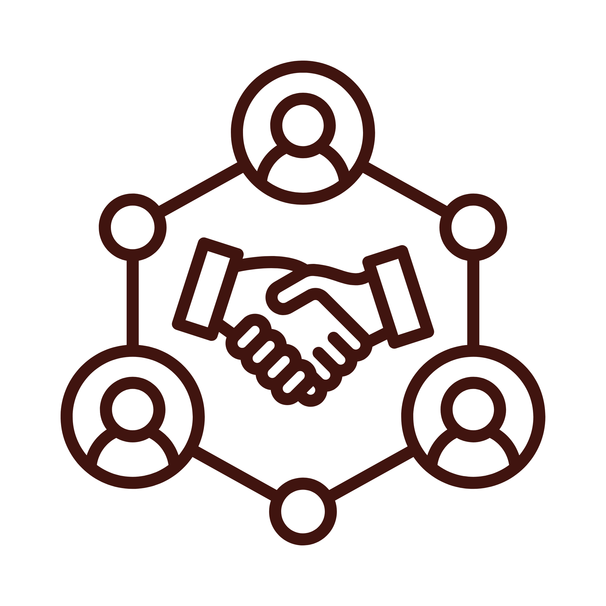 Icon of a handshake in the center surrounded by a network of four people connected by lines.