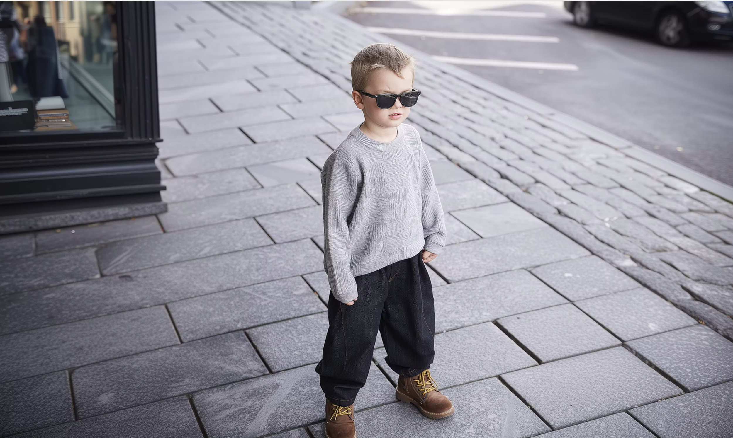 Young boy wearing sunglasses, a gray sweater, black pants, and brown boots standing on a city sidewalk.