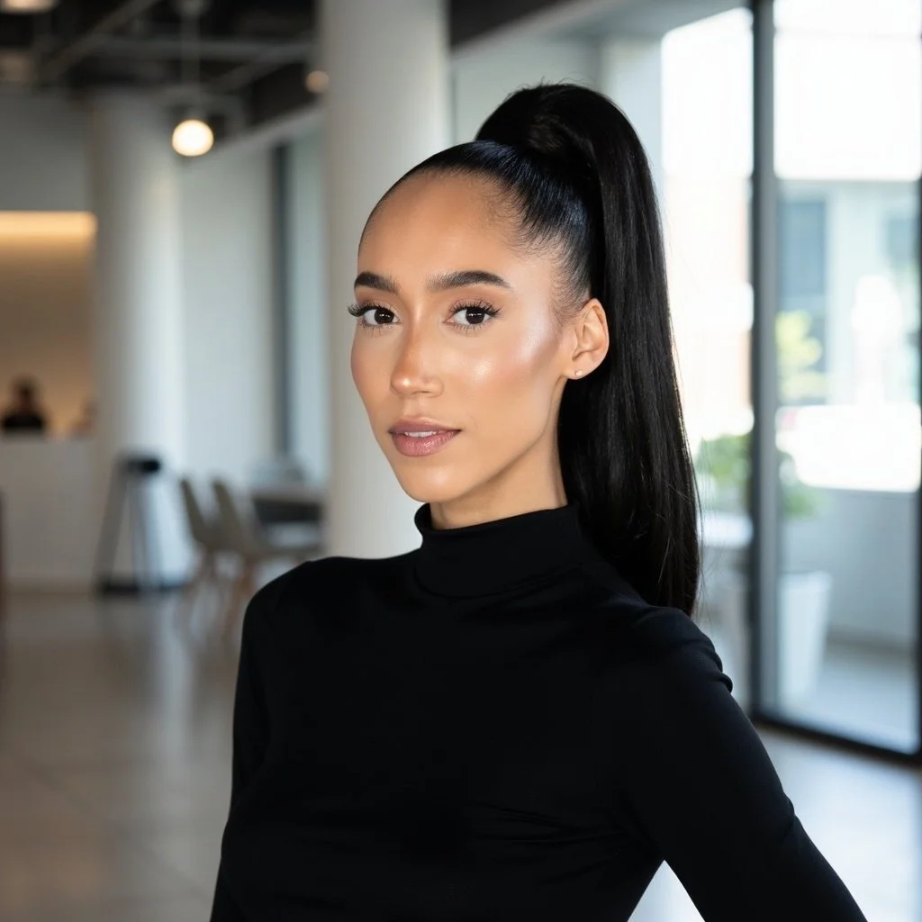 A young woman with long black hair tied in a high ponytail, wearing a black turtleneck sweater, standing in a modern, well-lit indoor space with large windows, white walls, and minimal furniture.