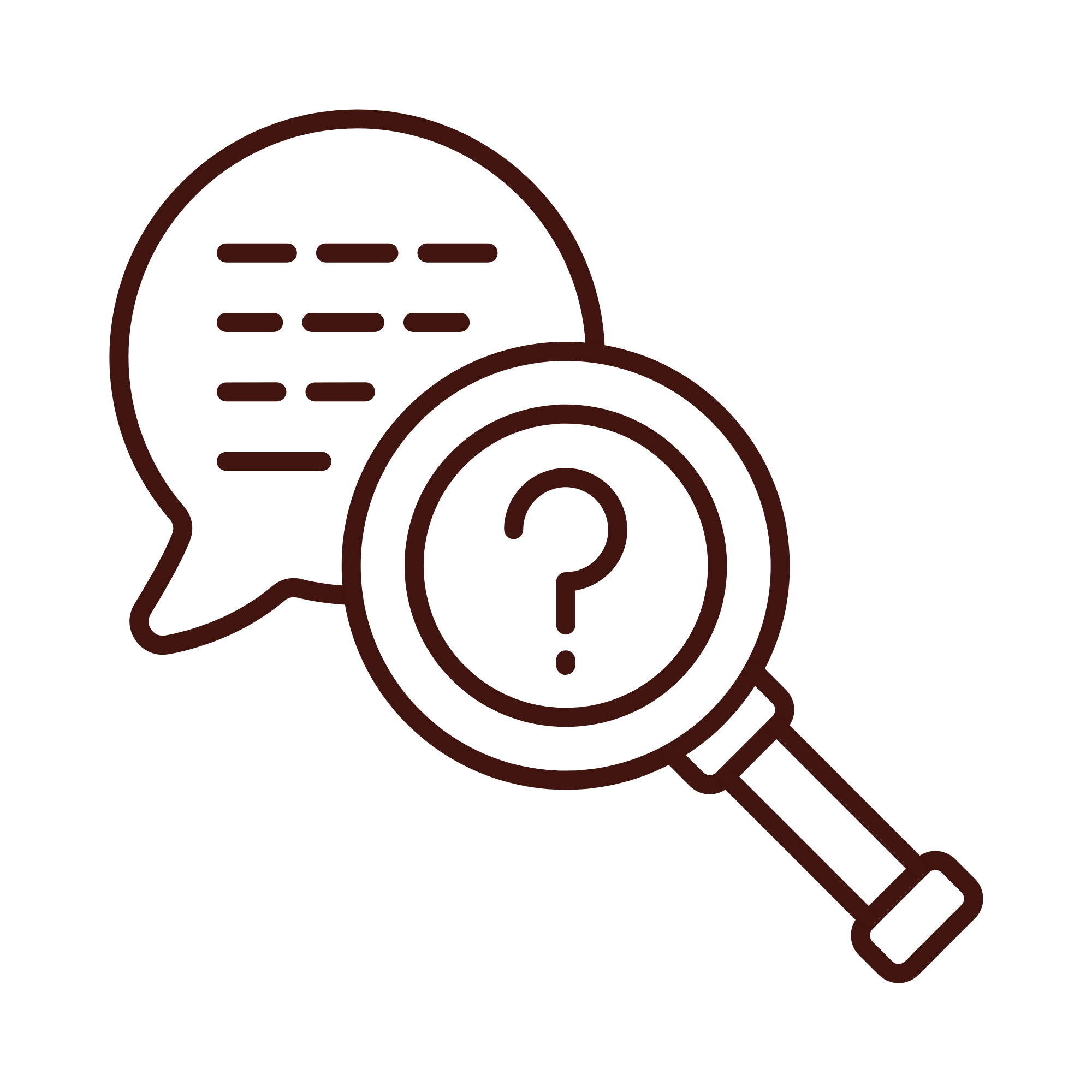 Speech bubble and magnifying glass with a question mark inside, symbolizing inquiry or investigation.