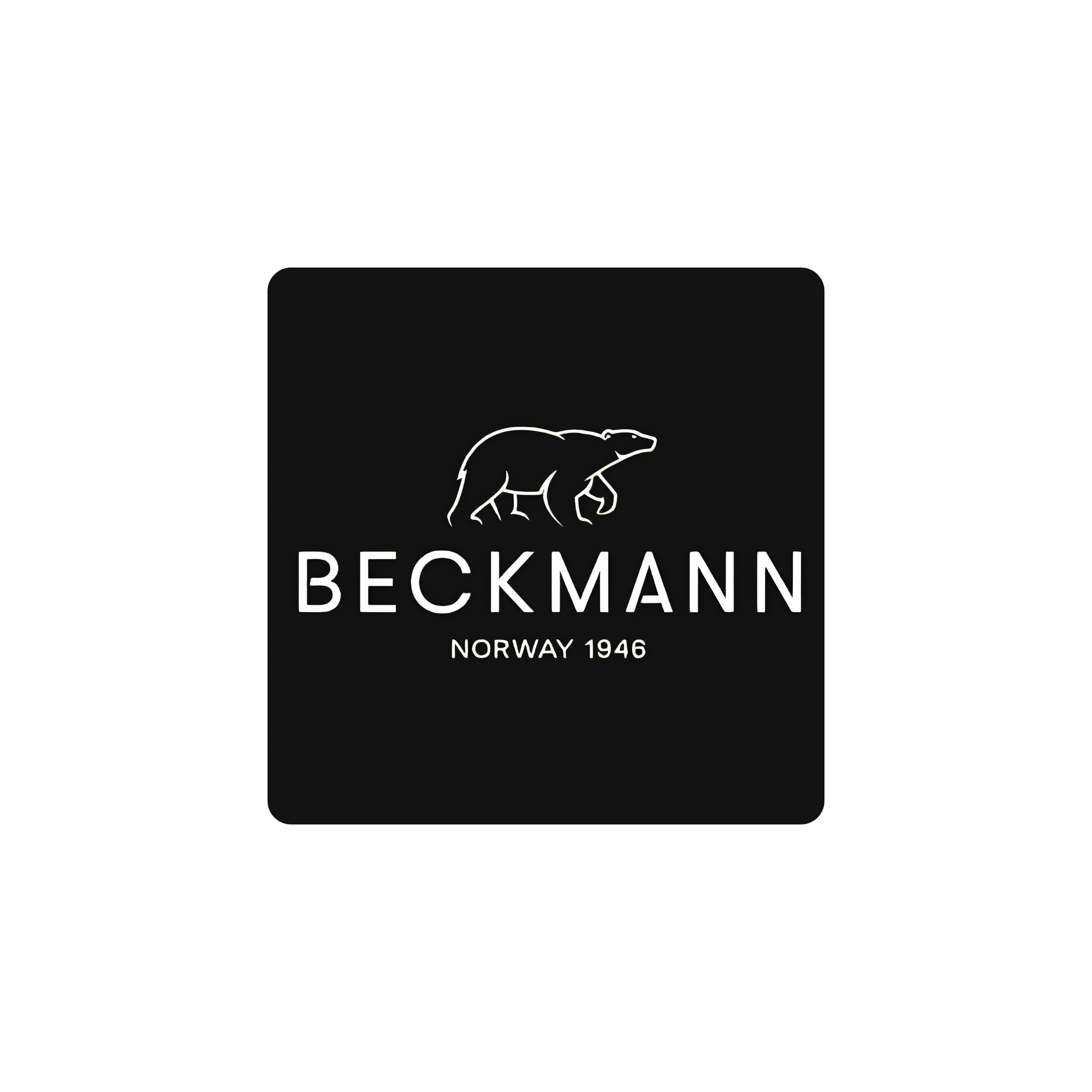 Black background with white text and illustrations. The top part shows the name 'Beckmann' in bold. Below is a line drawing of a bear with the word 'REYKJAVIK' underneath, and the text 'NORWAY 1946' at the bottom.