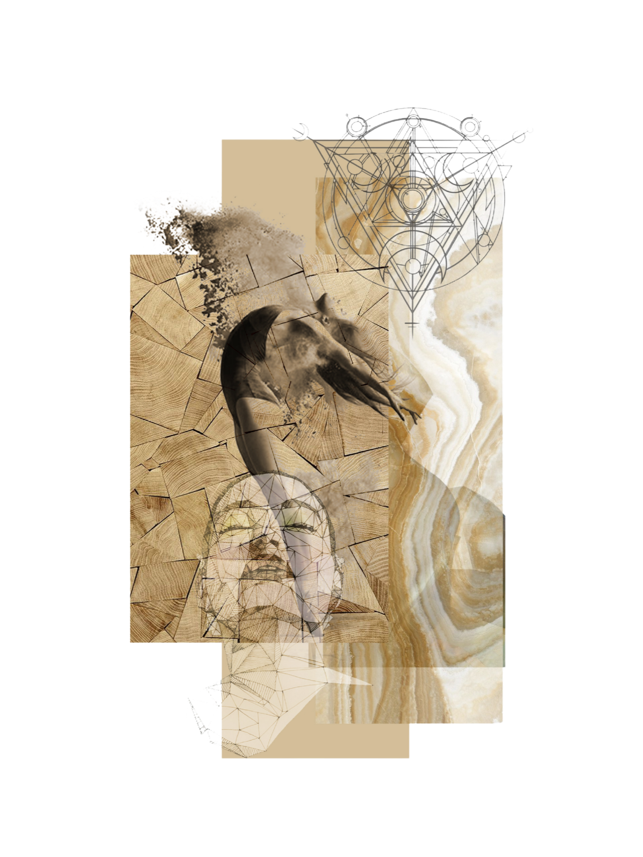 Abstract digital collage featuring a yoga pose with a woman's silhouette, geometric patterns, a wooden texture, marble-like swirls, and alchemical symbols.