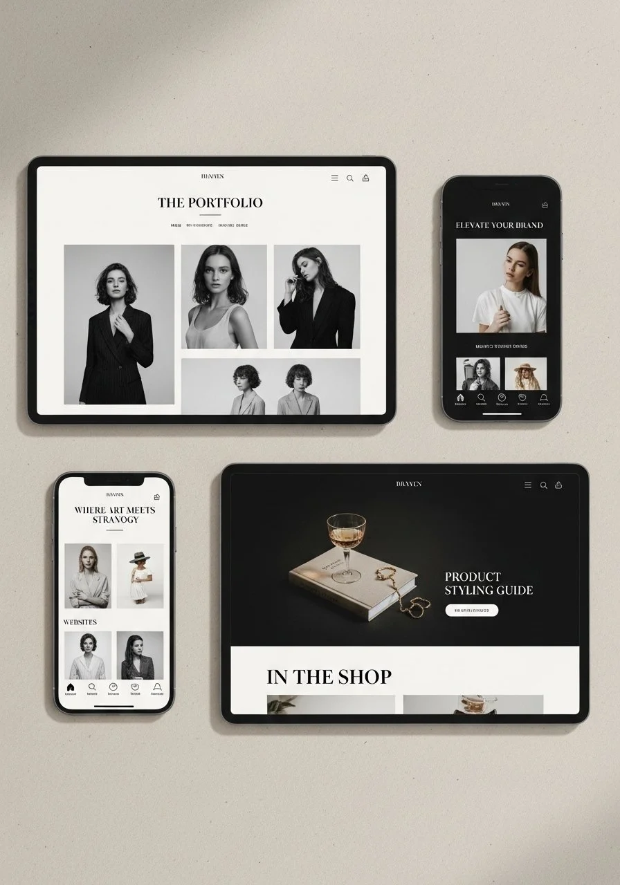 Digital devices displaying fashion and lifestyle websites on a beige background: an iPad with a fashion portfolio, an iPhone with a clothing brand app, another iPhone with a fashion accessory site, and a large tablet showing a product styling guide and shop page, all in monochrome and black-and-white themes.
