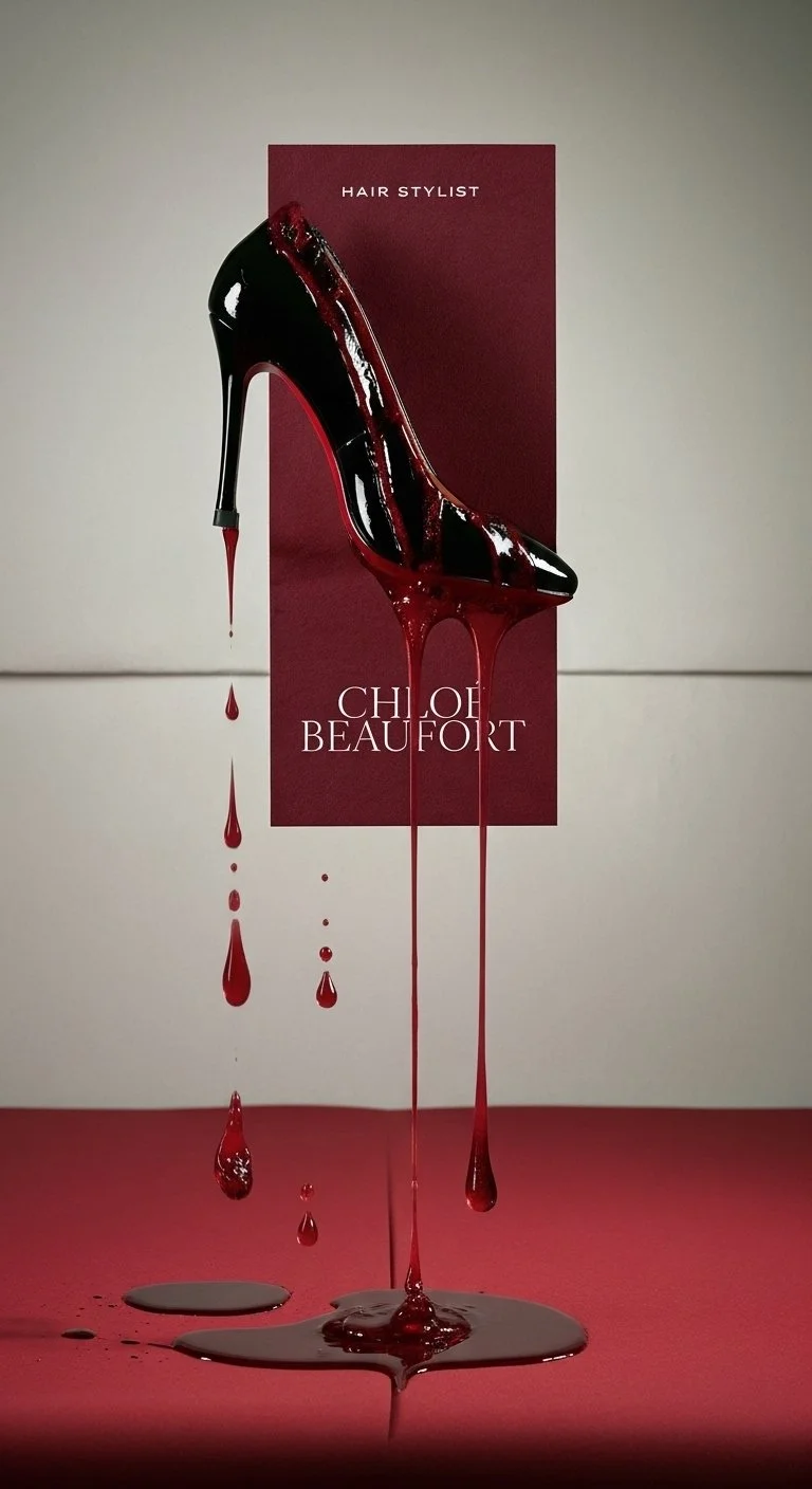 An artistic depiction of a black high-heeled shoe covered in red liquid, which appears to be blood, dripping and splattering onto the surface below. Behind the shoe is a red background with the text 'Hair Stylist' and 'Chloe Beaufort'.