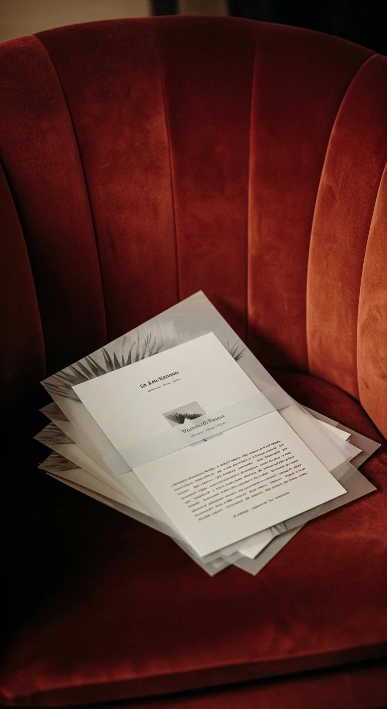 A stack of papers or documents, with the top one titled 'The 4th Exit' and featuring an image of a palm leaf, resting on a red upholstered chair.