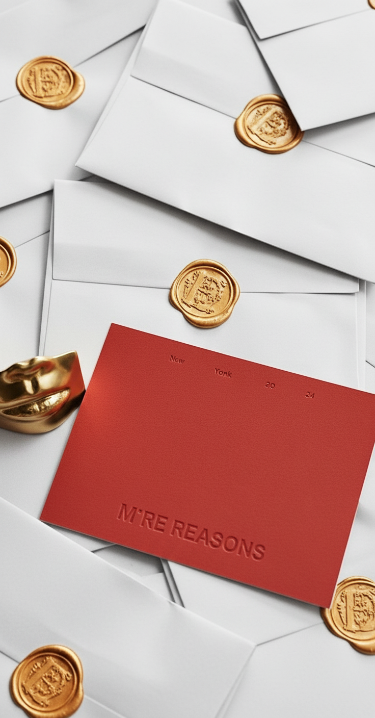 Several white envelopes sealed with gold wax seals and a red card reading "More Reasons" among the envelopes.