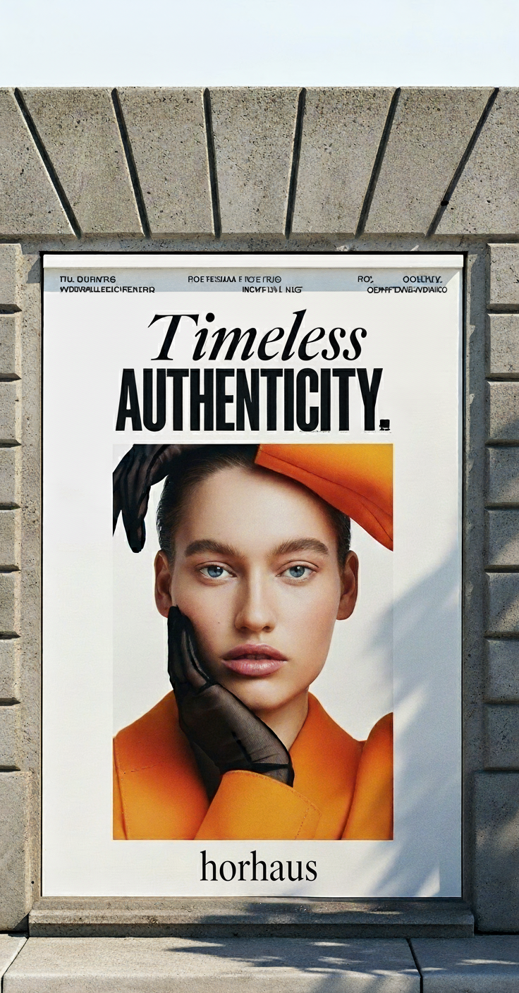 A poster on a stone wall with the words "Timeless Authenticity" and a portrait of a woman with blue eyes, wearing an orange jacket and a matching hat, and black gloves, resting her chin on her hand.