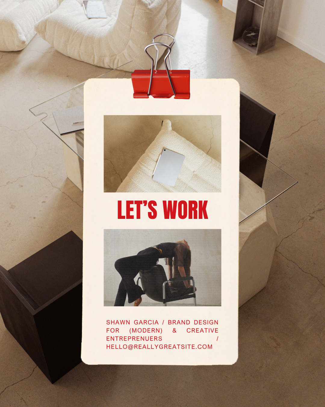 A promotional poster with the text "Let's Work" and contact information for Shawn Garcia, featuring a woman stretching over a chair, set on a coffee table in a modern living room.